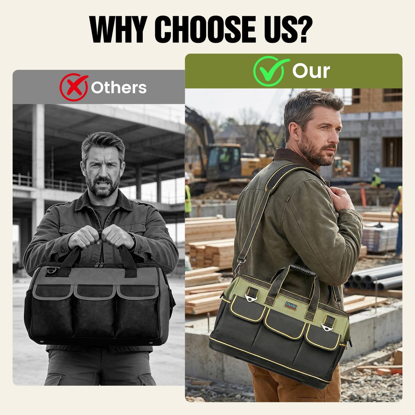 Tool Bag, Ounic 18 Inch Large Tool Tote Bag Heavy Duty With Waterproof Molded Base, Wide Mouth Tool Box Organizer with Adjustable Shoulder Strap for Electrician Mechanic Craftsman Plumbers(Green)
