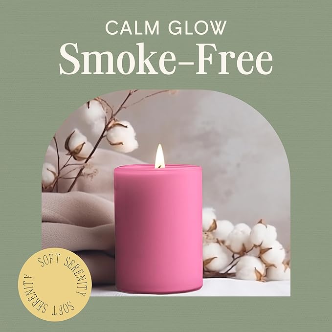 Mister Candle Dripless Unscented Pillar Candles, Set of 3 Hand Poured Solid Color Non-Scented Candles for Home Decor, Premium Wax, 60 Hr Burn Time - 3x4 Inch, Pink