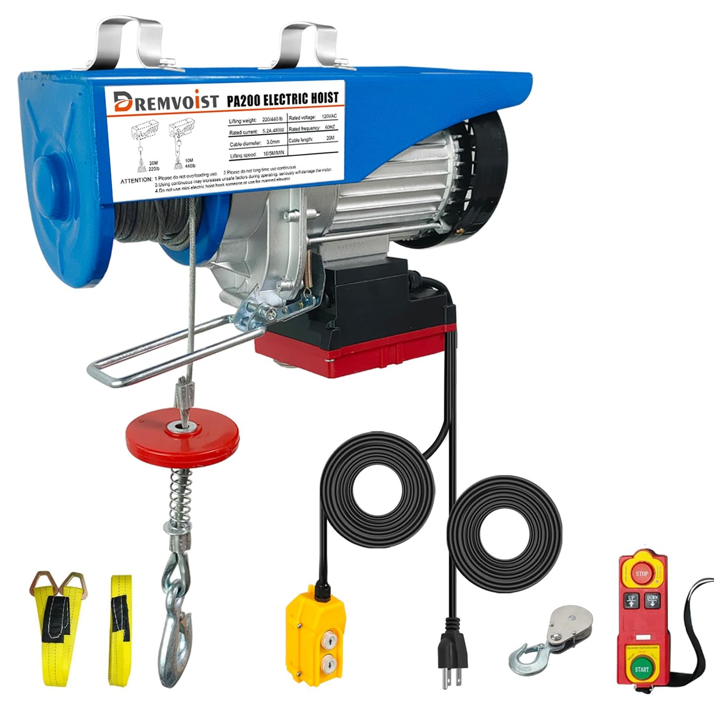 Dremvoist Electric Hoist with Remote Control,440lbs Lift Electric Hoist 110 Volt Wireless/Wired 2 in 1,Electric Hoist Winch with 33/66FT Lifting Height,Factories,Garage,Construction Site,Warehouses