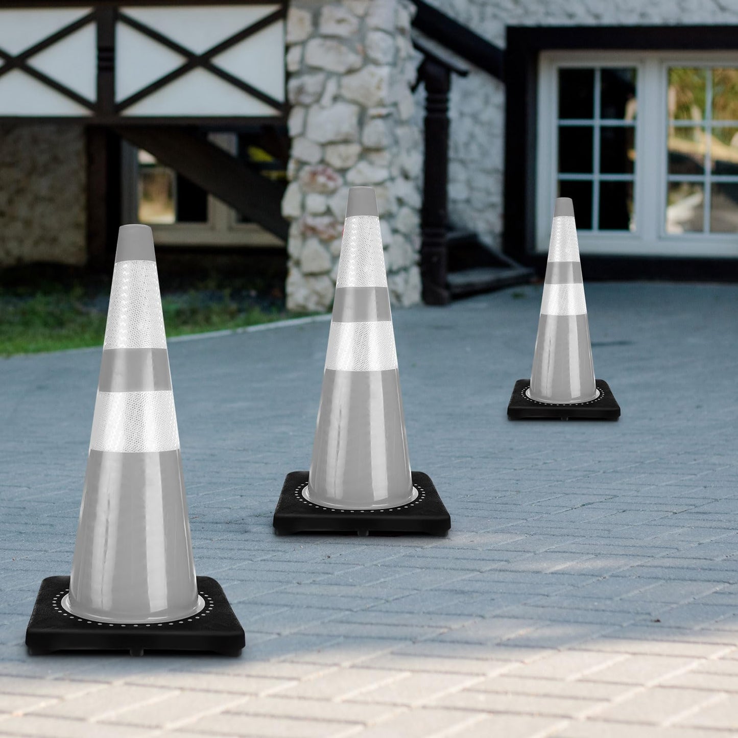 Copkim 6 Pcs Traffic Safety Cones Plastic PVC Traffic Cones with Black Base and Reflective Collars Driving Cones for Street Hazards, Training, Road Construction, Parking Lot (White,28 Inch)