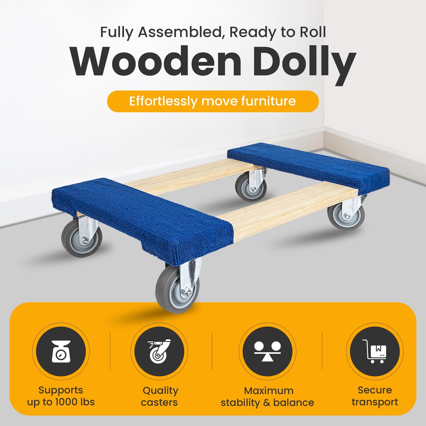 HaulPro Heavy Duty Furniture Dolly Fully Assembled with Four Wheels- 30" x 18"- 900 Pound Capacity for Easy Moving and Transport