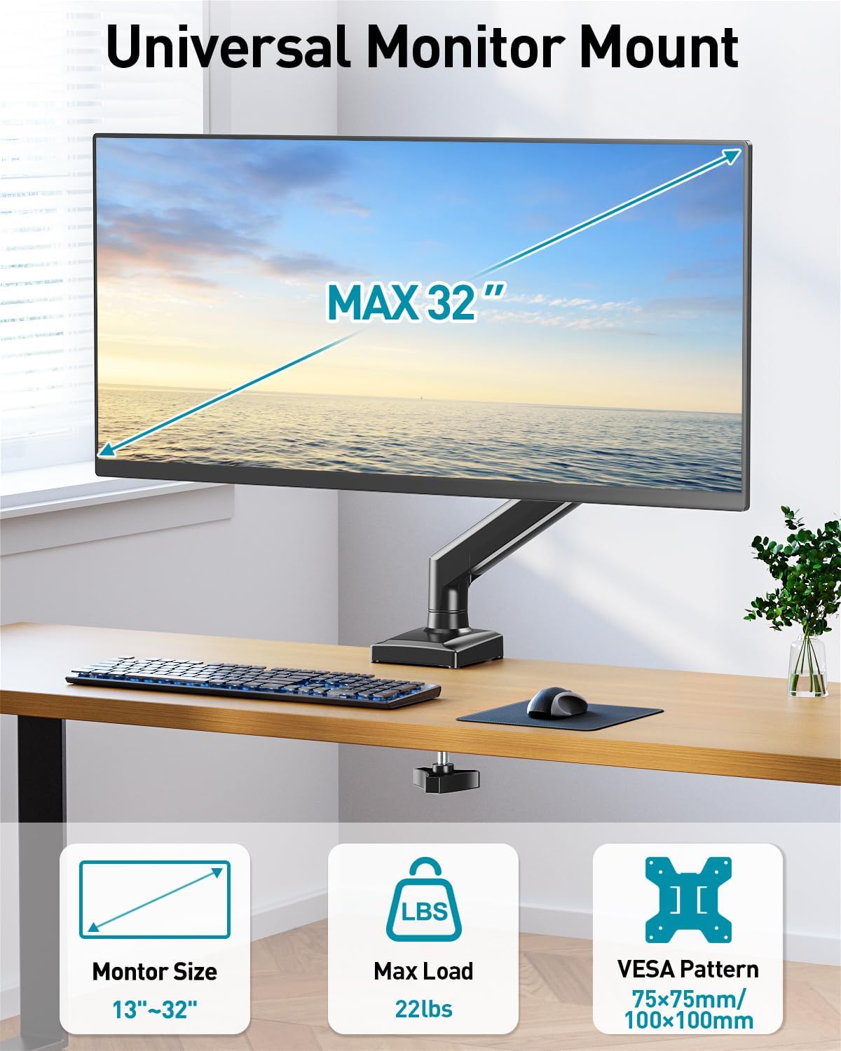 MOUNT PRO 13 32 inch 4.4 22lbs Clamp/Grommet 75/100mm Single Monitor Arm Desk Mount Fits to Computer Screens, Holds