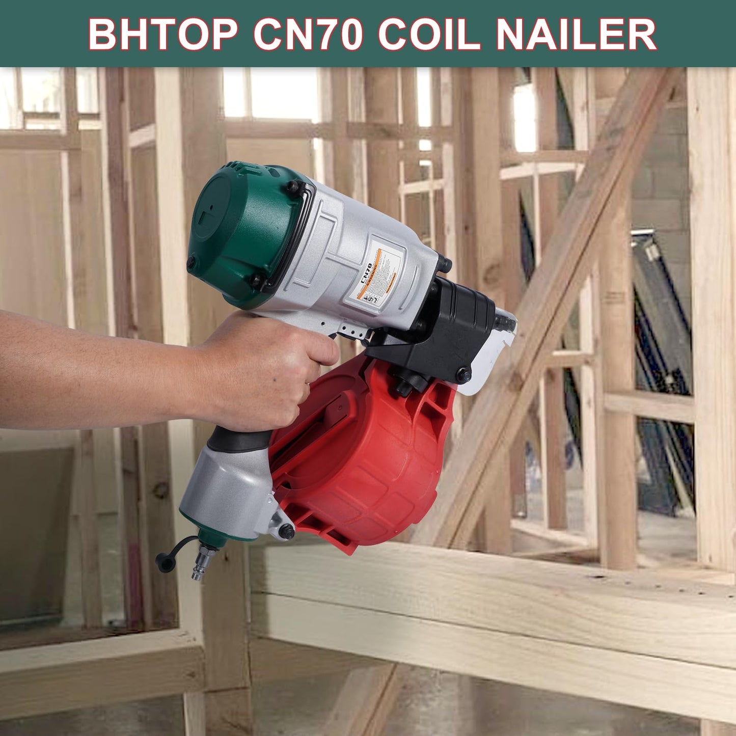 BHTOP Mexican Style CN70 Coil Siding Nail Gun, 15 Degree Pneumatic Siding Nailer, 1-3/4" to 2-3/4" Coil Siding Nailer for Siding Sheathing Wooding Fencing Decking