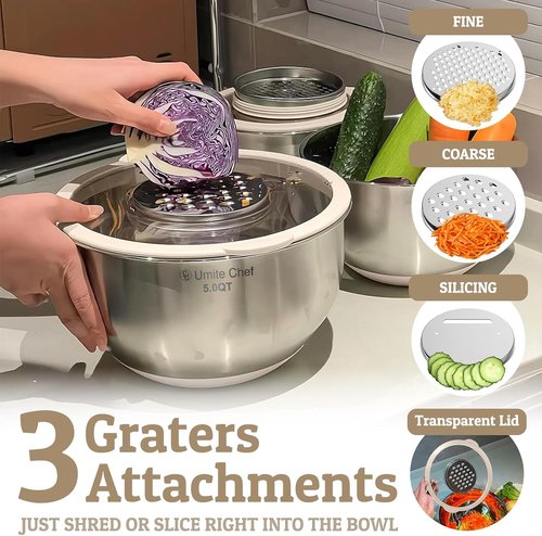 Mixing Bowls Set by [Brand Name] - Airtight Stainless Steel Bowls with Lids & Graters | Non-Slip, Khaki 5/3/2/1.5/0.63QT