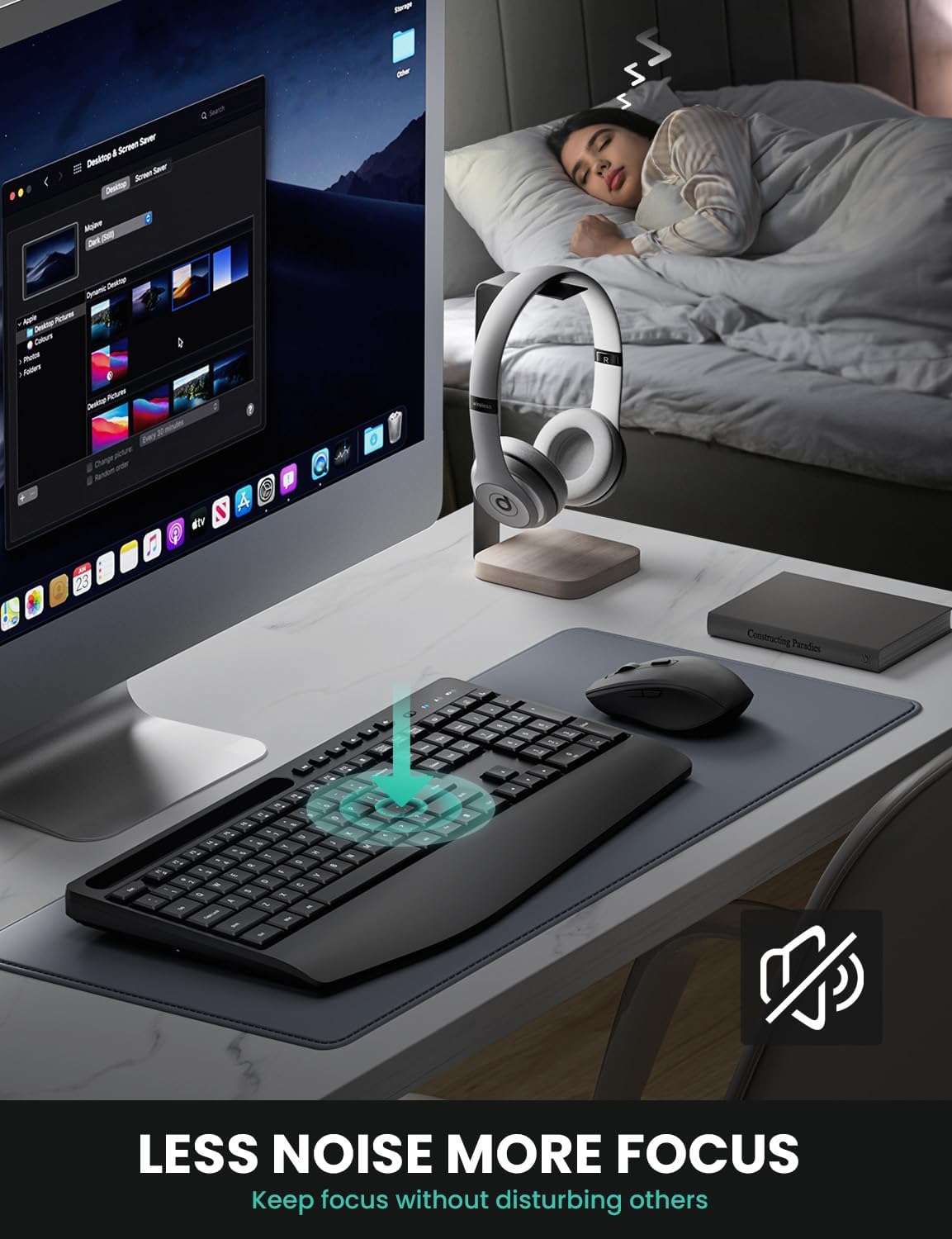 LIZRROT 2.4GHz Ergonomic Wireless Keyboard and Mouse Combination, Quiet Full Length Mouse and Keyboard, Wrist Stand