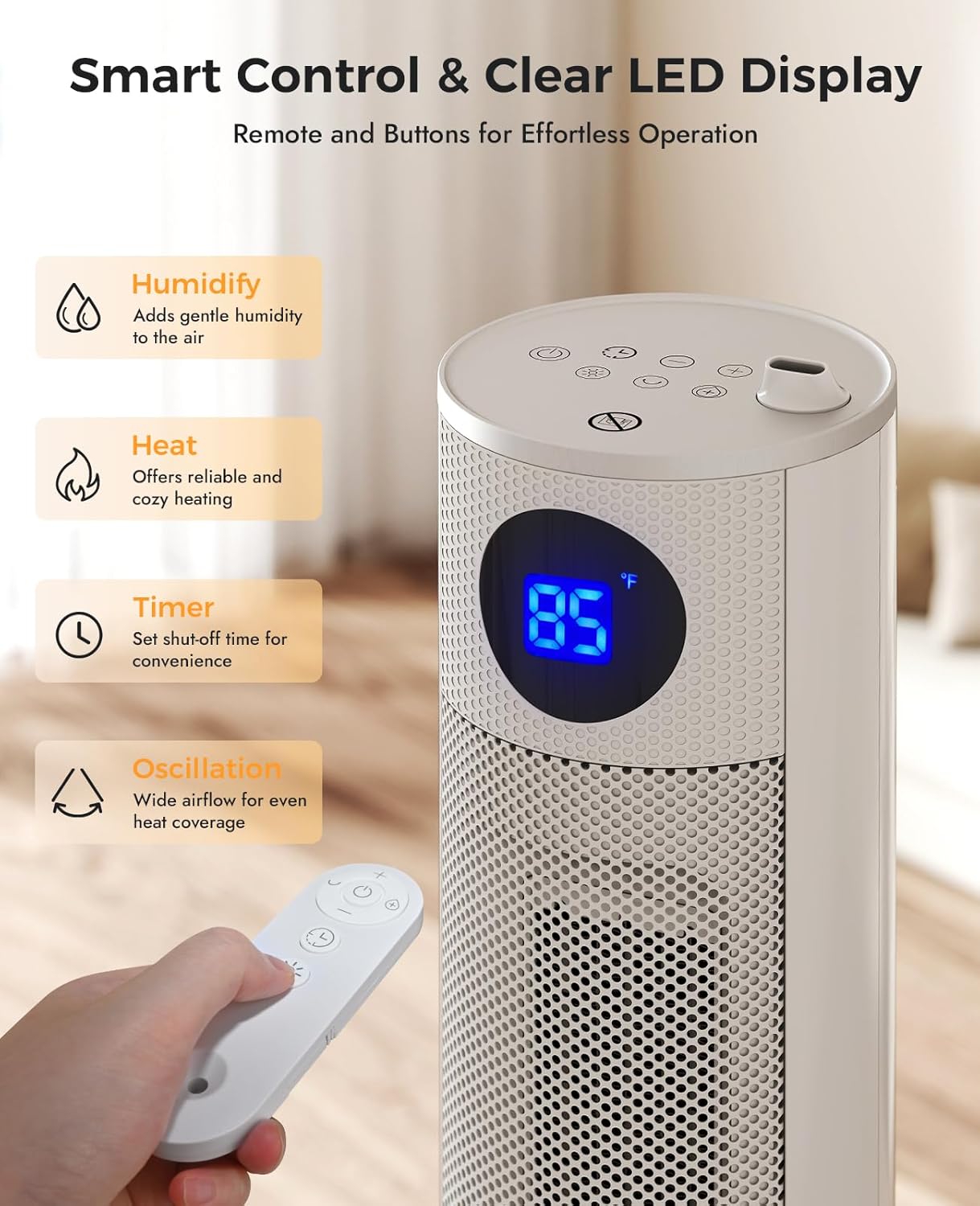 Skiennix Space Heater with Humidifier - Portable Indoor Tower Heater with Remote, Adjustable Thermostat & 12H Timer
