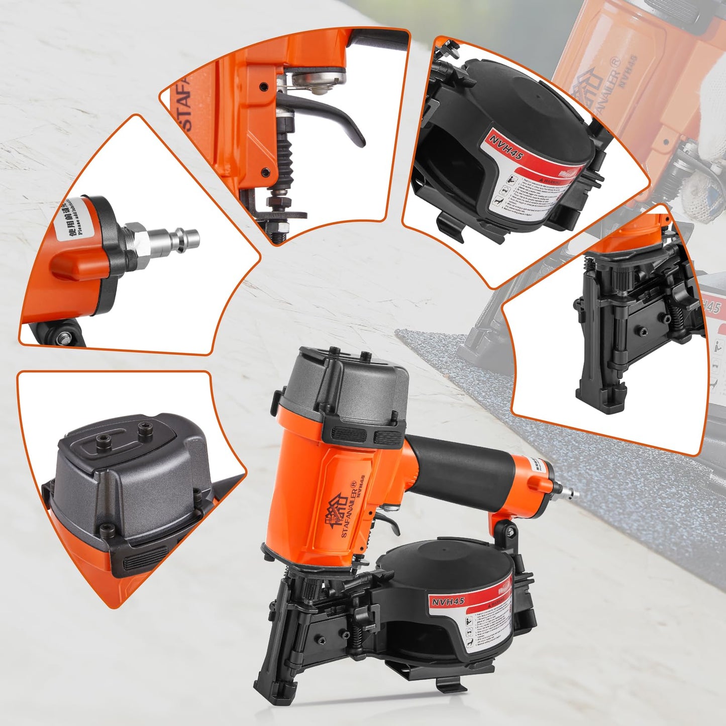 Stafanailer NVH45 Roofing Nail Gun, 15 Degree Pneumatic Pistola De Roofing, 7/8" to 1-3/4" Nails Compatibility, 3/8 NPT Air Connector, 120-Pcs Load Capacity for Roofing Constructions (Org-Blk Ver)