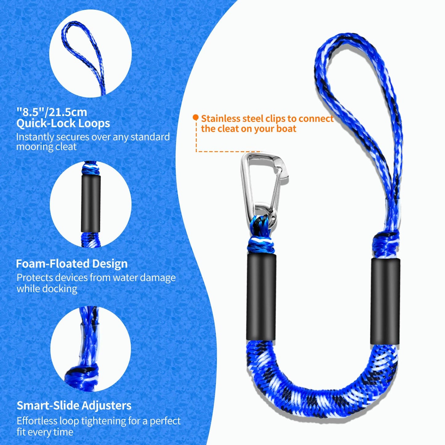 ZRSCHYG Bungee Dock Lines for Boats 2FT, Boat Tie Downs for Dock with Hooks, Elastic Dock Ties for Small Boat Jet Ski Kayak Mooring (2 Foot, 2-Pack, Blue,Black&White)