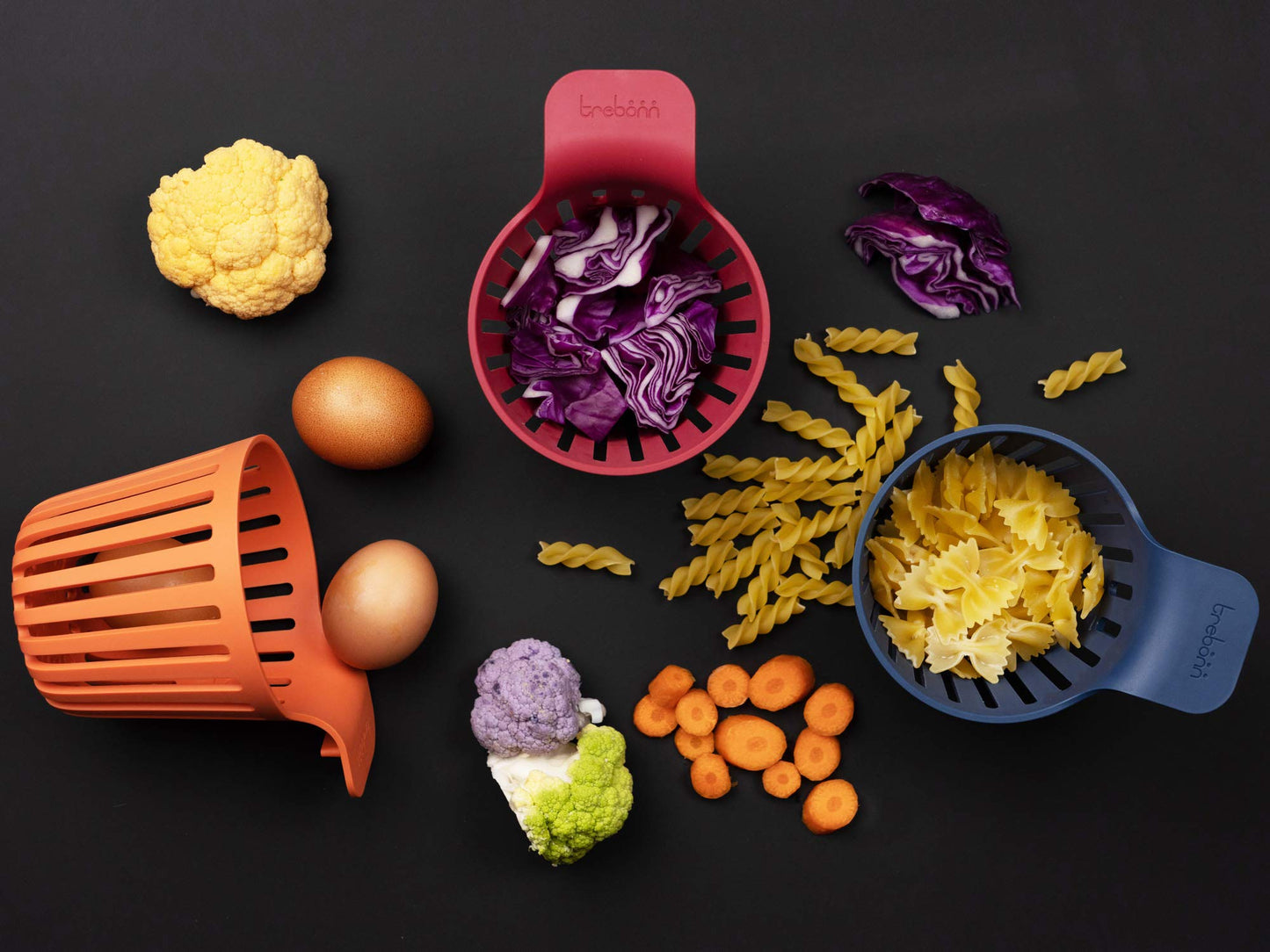 TREBONN, Cookin’ Pod 3 Piece Set, Single Portion Slotted Strainers for Pasta and Vegetables, Everyday Use, Coral Purple Blue-Gray, 1 Set