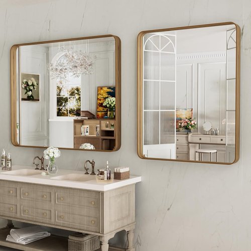 LOAAO Bathroom Mirror - 40x24 Inch Rounded Rectangle with Wood Grain Metal Frame | Anti-Rust, Versatile Hanging Options