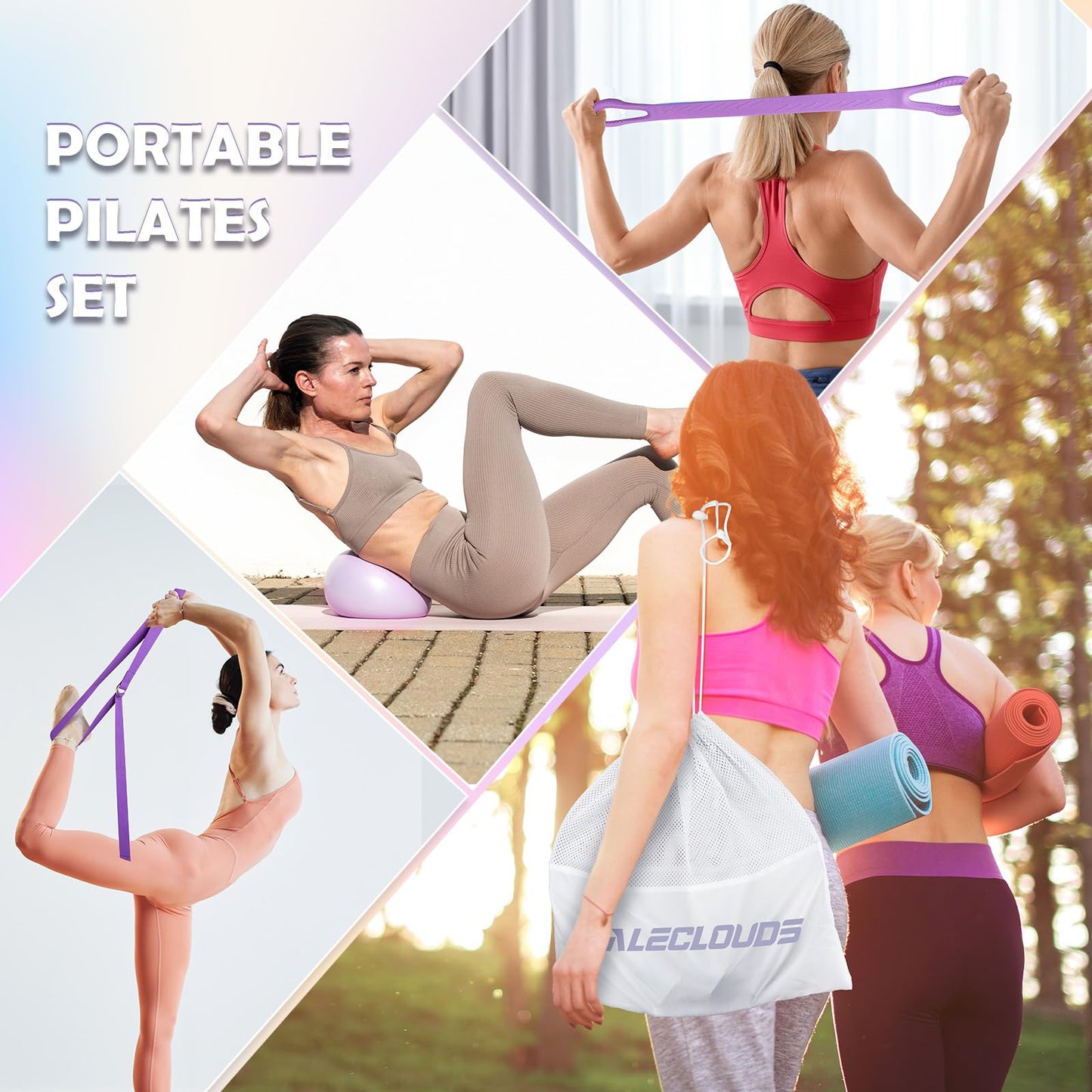 Paleclouds Pilates Ring Set for Women, 12" Pilates Ring and Ball Set with Resistance Bands for Home Workouts, Portable Pilates Kit with Bag & 2 Training Poster for Full Body Exercise(Purple)