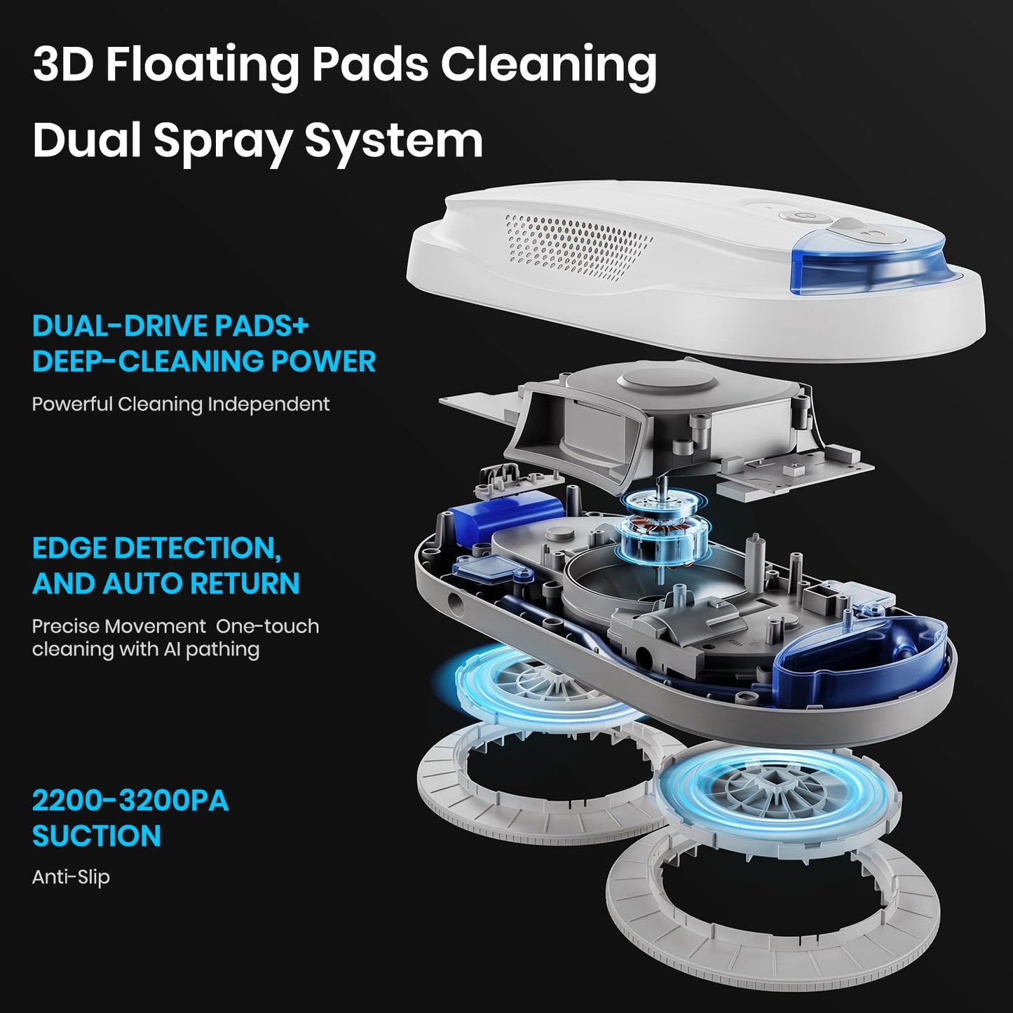 KKI Window Cleaning Robot, Auto Window Cleaner Robot, Dual Spray, Max 3200Pa, AI Path Planning & Edge Detection, Remote Control for Inside/Outside High-Rise Windows,Glass Door,8Cloths, X3 (White)
