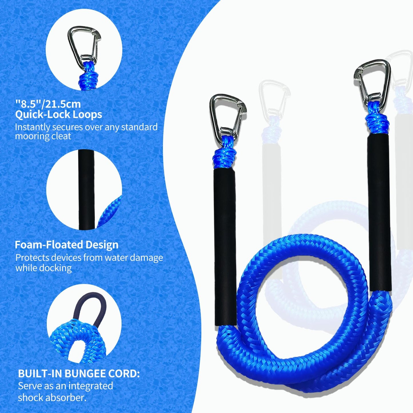 ZRSCHYG Blue Bungee Dock Lines 2-Pack with Double Hooks & Floating Tubes – Heavy Duty Boat Ropes for Jet Ski, Pontoon, Kayak – 4ft to 6ft, 316 Stainless Steel, Shock Absorbing