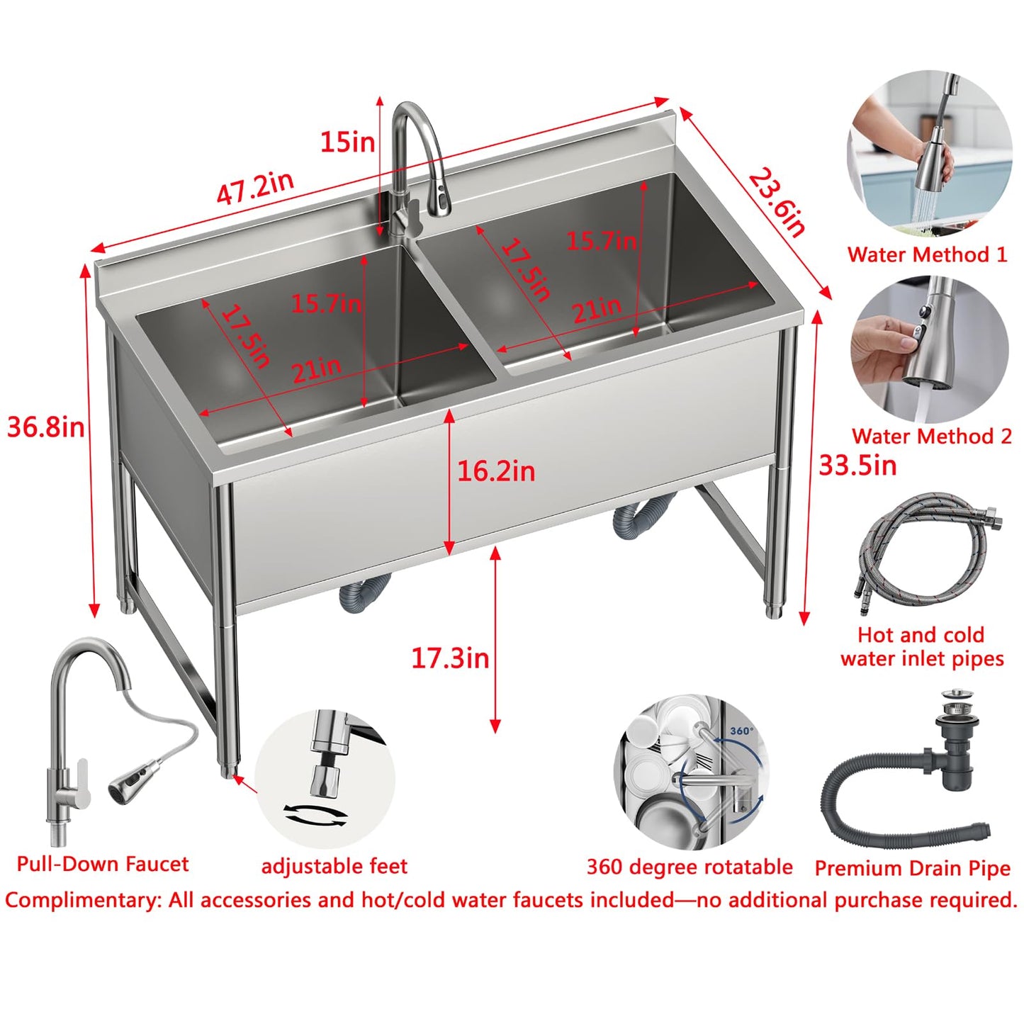 47" Stainless Steel Commercial Sink 2 Bowl Freestanding Kitchen Sink with Pull-out Faucet, Large Utility Sink for Kitchen, Dishwashing, Thawing, Laundry Room, Garage, Outdoor, Total Capacity 50 Gallon