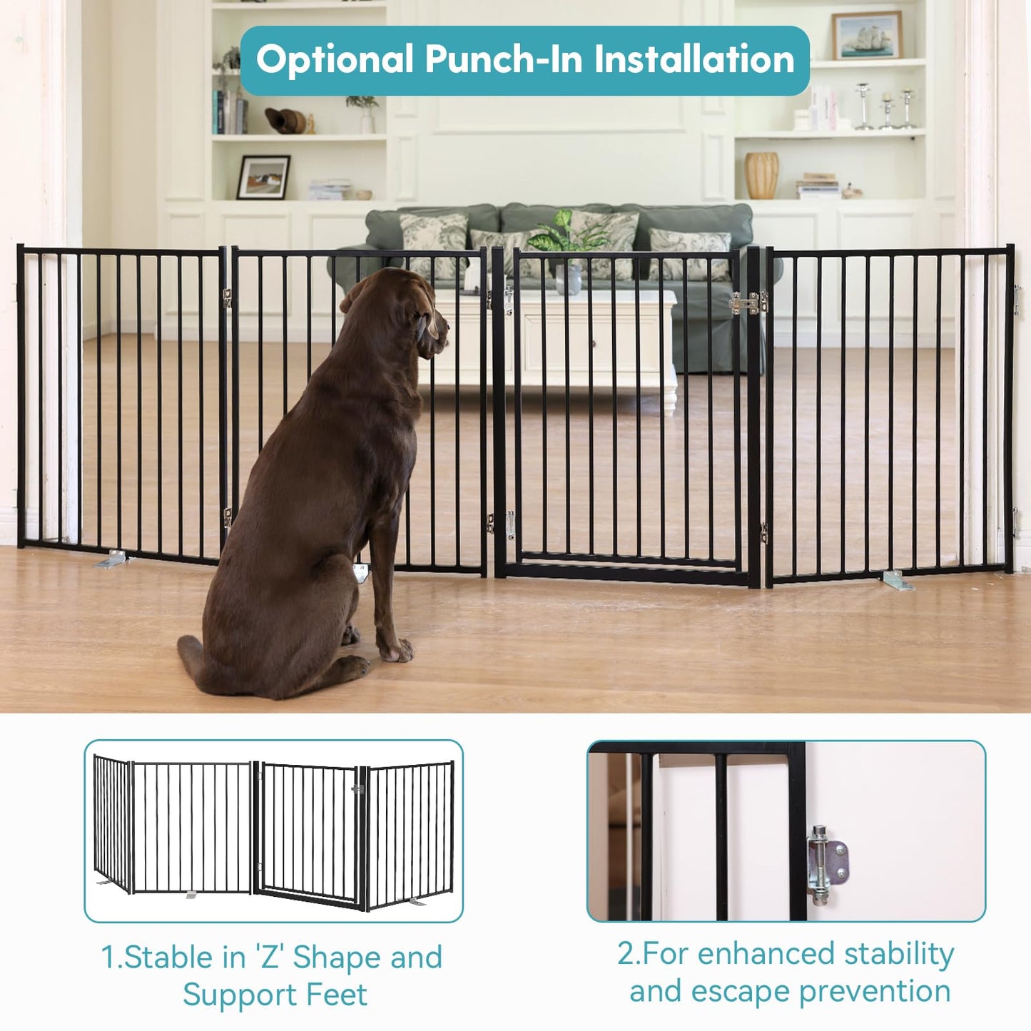 No Pawblems Free Standing Dog Gate with Door, 30'' Tall Foldable Dog Fence for Indoor & Outdoor, Up to 78 Inch Extra Wide Puppy Gate for Stairs, Hallways, Doorways, Deck, Yard (Black, 3 Panels)