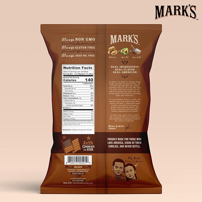 MARK’S Kettle Cooked Avocado Oil Potato Chips, Sea Salt – Seed Oil & GMO Free | Sea Salt, 5 oz (Pack of 3) | Gluten Free, Non-GMO Chips for Clean & Healthy Snacking