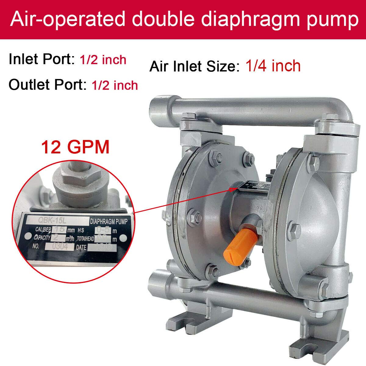TABODD 12GPM Air-Operated Double Diaphragm Pump 115 PSI, Aluminum Alloy Dual Diaphragm Air Pump for Chemical Indutrial Liquid Low Viscosity Petroleum Fluids, 1/2" Inlet & Outlet