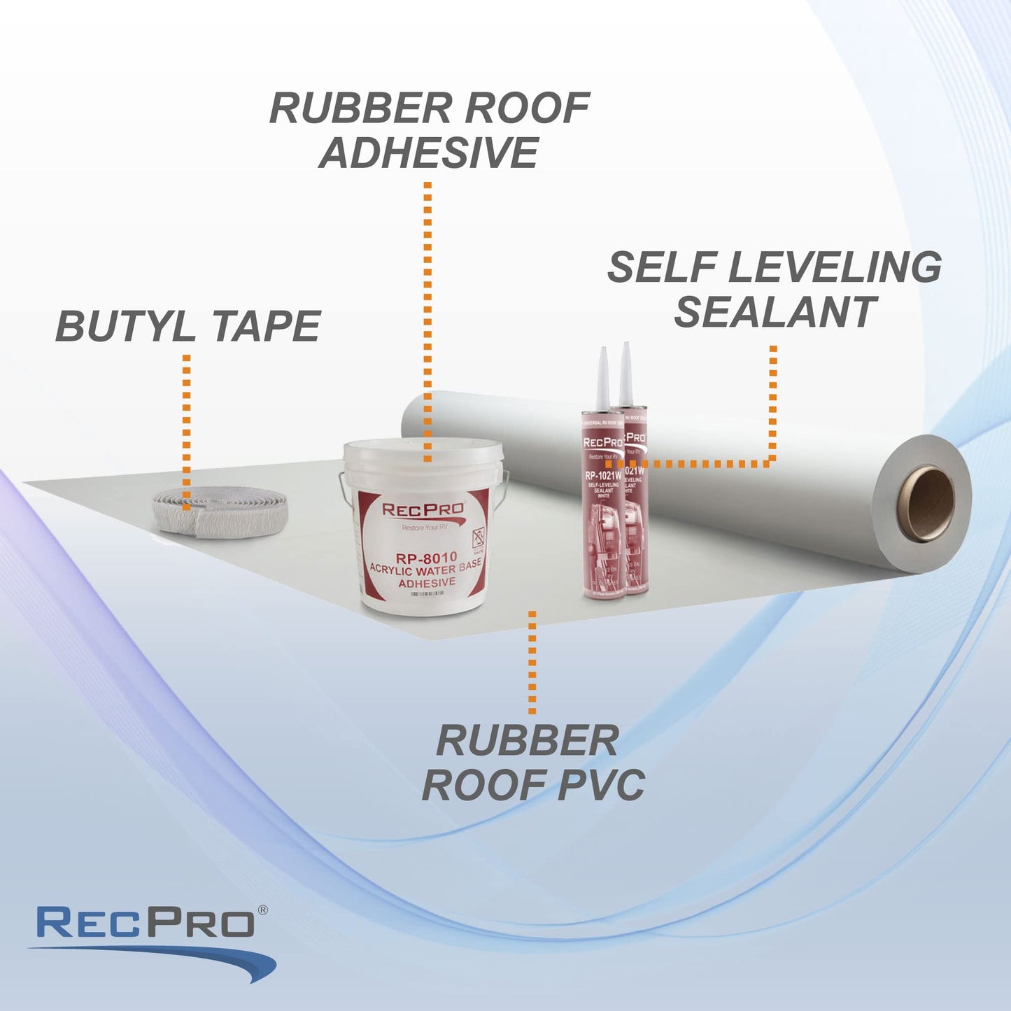 RecPro Extreme Duty RV Camper Rubber Roof Kit 9.5' Wide x 5 ft - 40 ft | 1 Gallon 8010 | 2 Tubes 1021 | 1 Roll of Butyl 30' | PVC Rubber Roof (5 ft) | Made in USA
