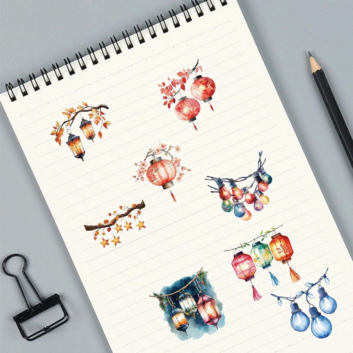 Tufeifrank 50PCS Watercolor Hanging Lantern and String Light StickersClear Tree Branch Scrapbook Stickers