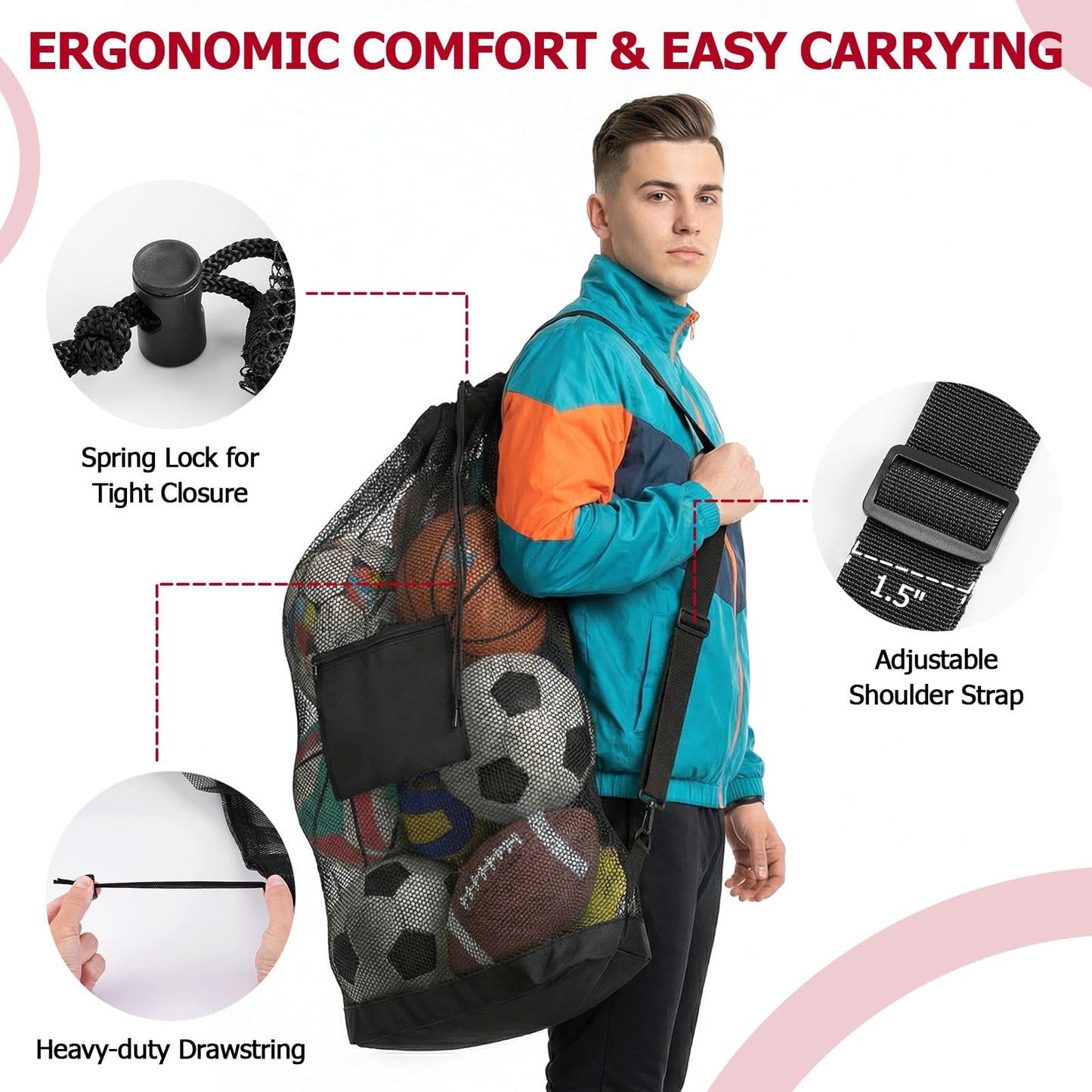 Tavirela Extra Large Mesh Ball Bag with Pocket, Holds 13 Soccer Balls, 10 Basketballs, Heavy Duty Drawstring Net Bag, Team Coaches Sports Equipment Storage Duffle Sack for Volleyball, Swimming Gear