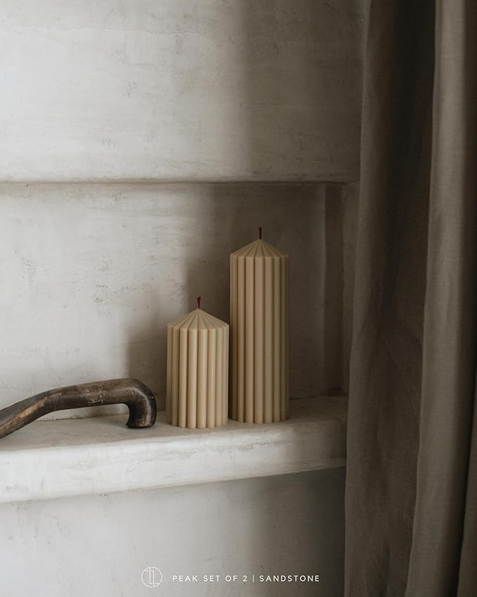 LAWA Ribbed Peak Pillar Candle - Large Beautiful Handmade Pillar Scented Soy Wax Candle Elegant Bubble Aesthetic Candle Housewarming Gift Home Room Shelf Decor Idea White (Set of 3, Sandstone)