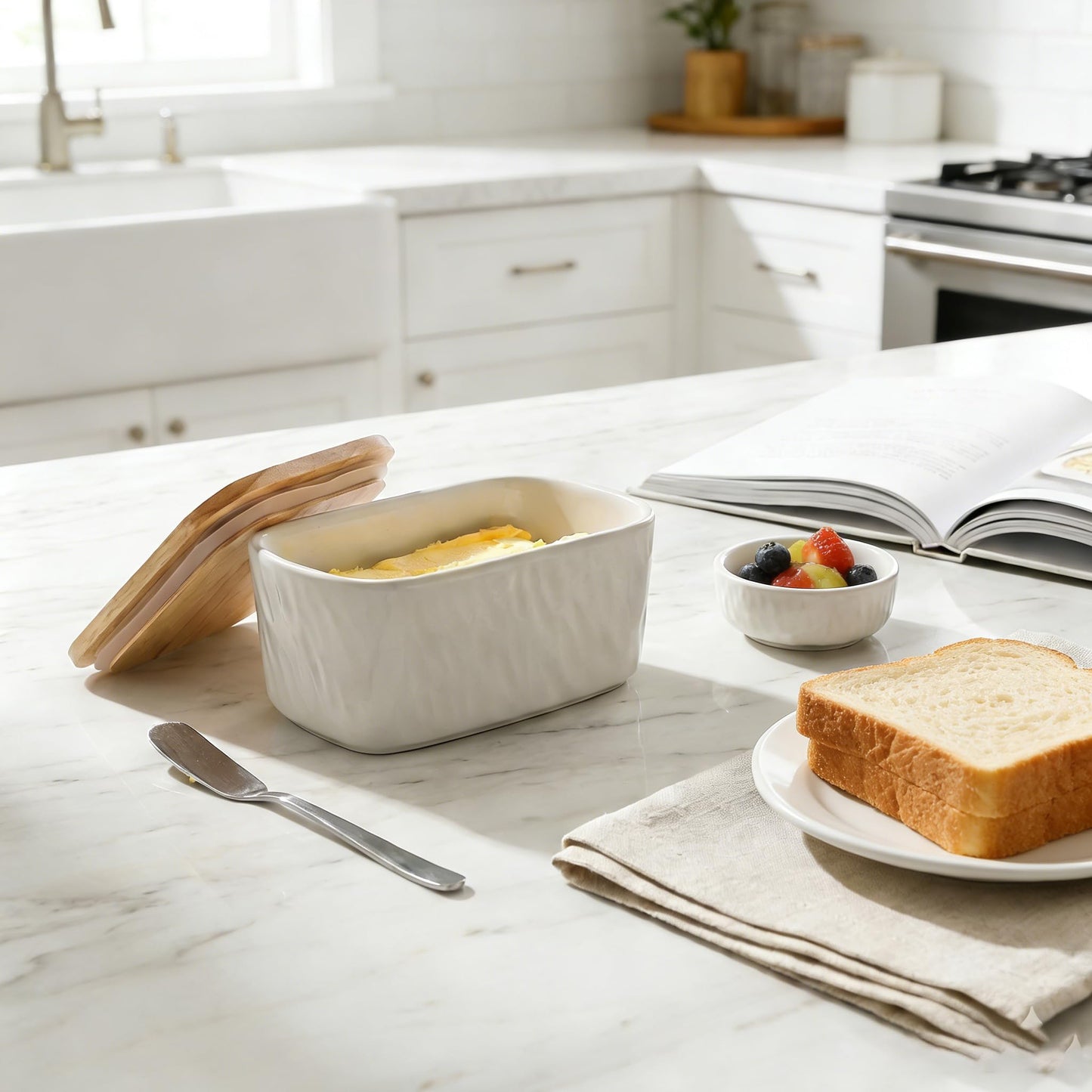 KOOV Porcelain Large Butter Dish with Lid, Airtight Butter Container with Oak Lid, Perfect for 2 Sticks, Texture Series (White)