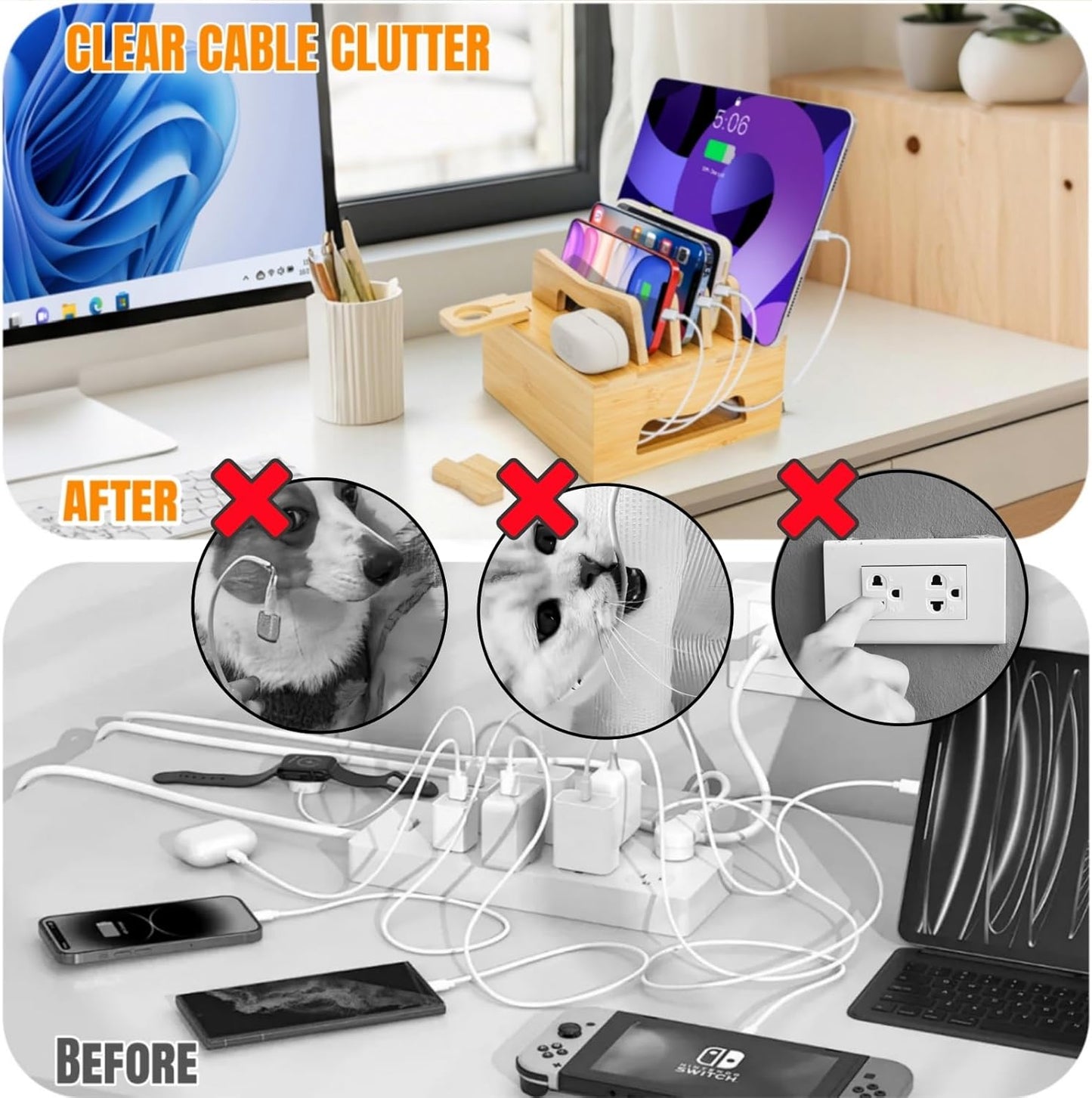 Acshio Bamboo Charging Station for Multi Devices, Small Desktop Docking Stand, Cell Phone Docking Station Charger