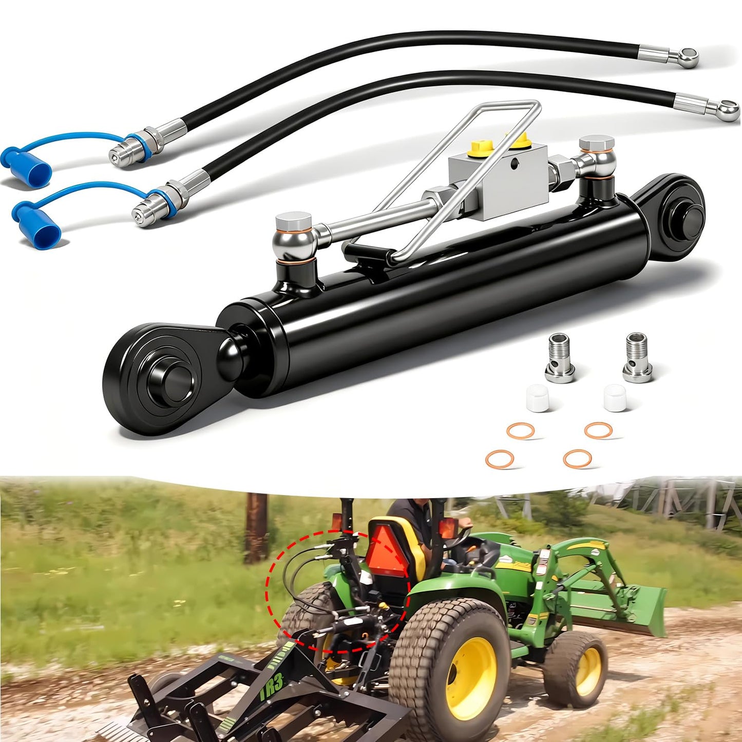 Hydraulic Top Link Cat. 1-1 (18 1/8” - 26 3/8”, 3/4" Hole) with Locking Block with 2 x Hose, SPH320032 2-Way Check Valve Hydraulic Cylinder for Tractor Excavators and Class 1& 2 Equipment