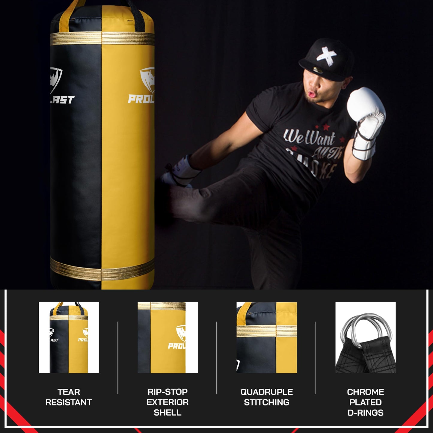 PROLAST 4Ft XL 135Lb Heavy Punching Kicking Bag for Adults, Boxing, MMA, Martial Arts, Muay Thai, Strength Training Equipment, Filled, Rhino Logo, Black and Yellow with Gold Trim