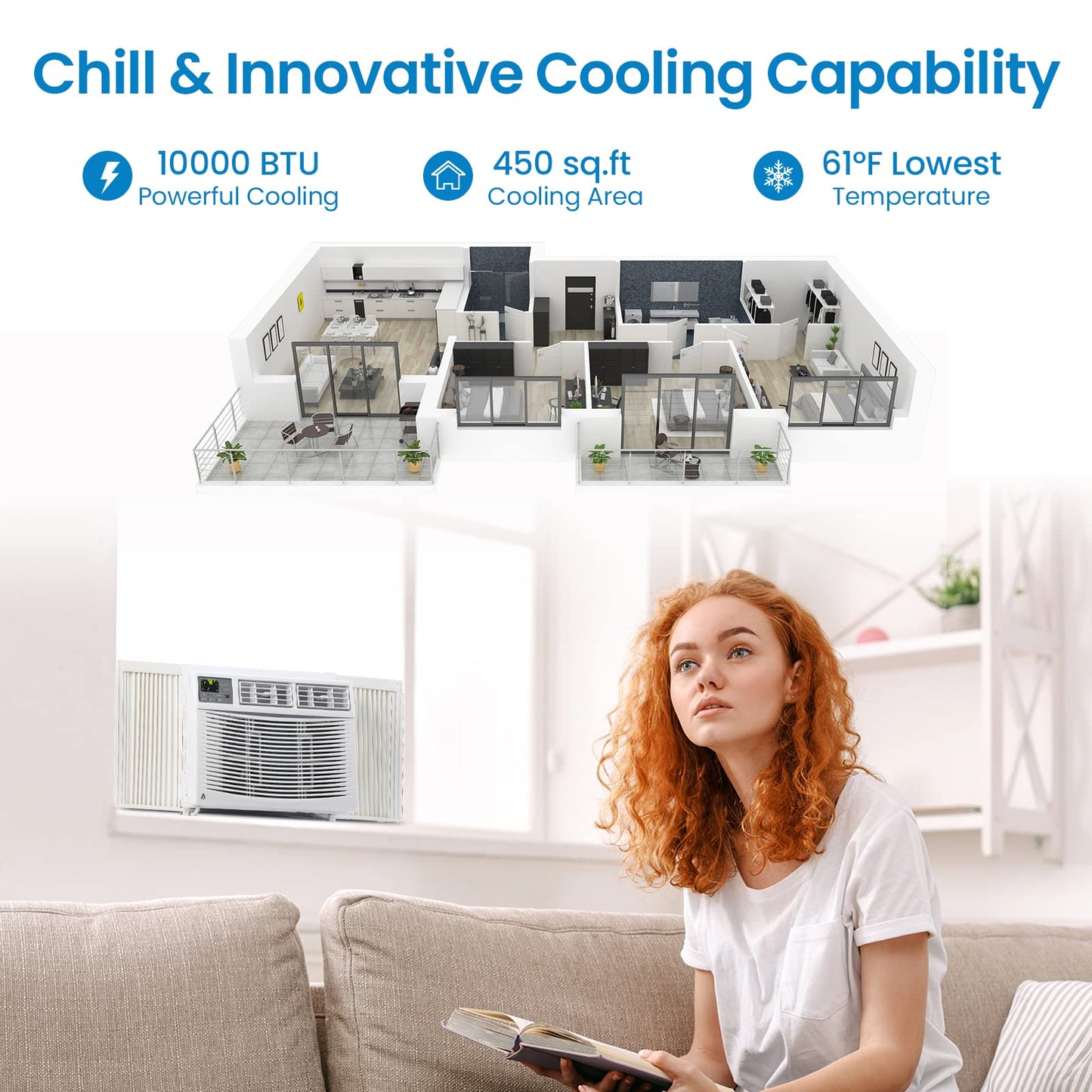 Window Air Conditioner, 10,000 BTU Compact AC Unit, Energy Saving Window AC, Smart AC with 3 Modes Cool Dry Fan Speed Control, Cools Up to 450 Sq.Ft,115v Mini Air Conditioner for Bedroom, Office, Home