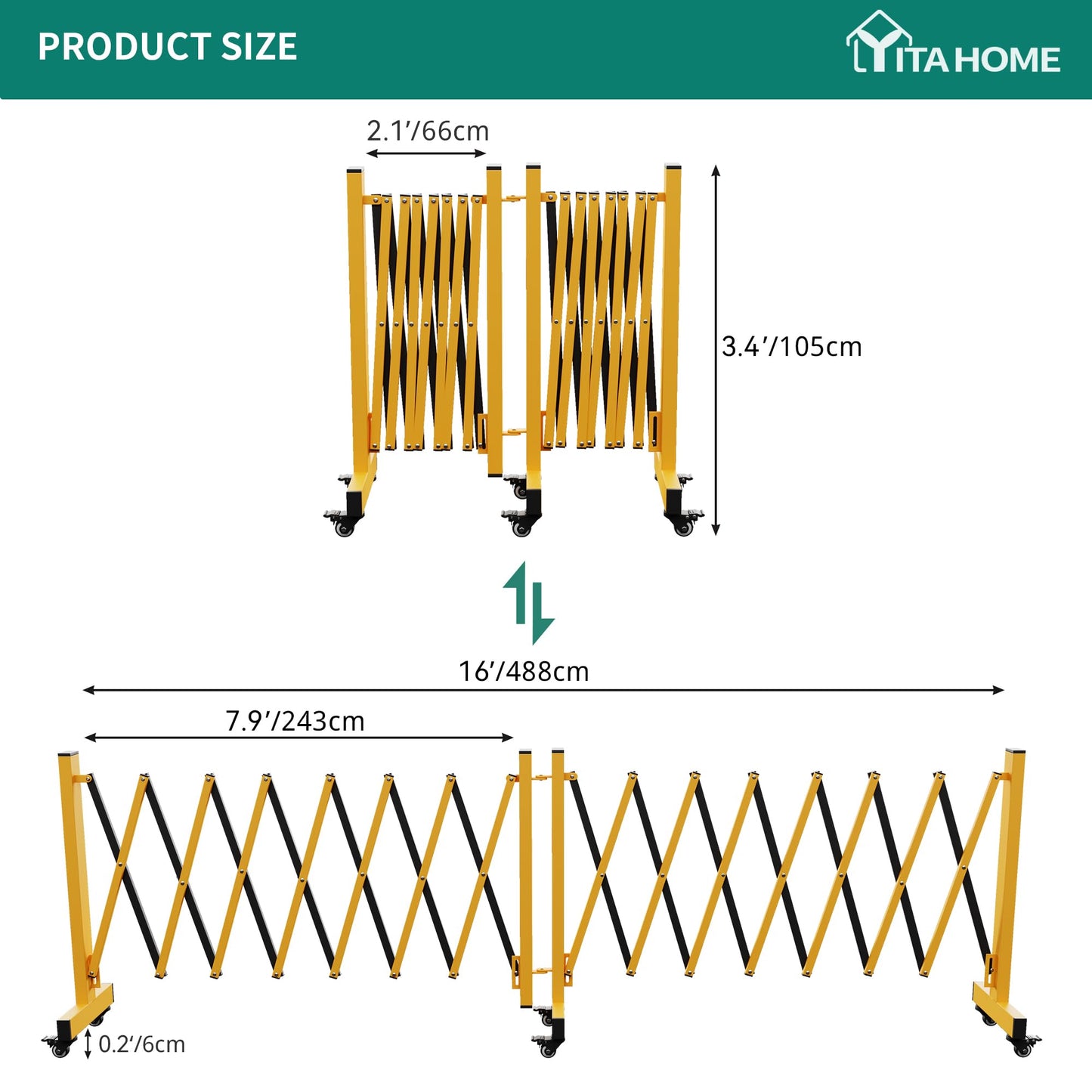 YITAHOME Metal Expandable Barricade Gate, 16FT Folding Security Gate, Expandable Mobile Barricade, 360 Folding Safety Barricade with Wheels