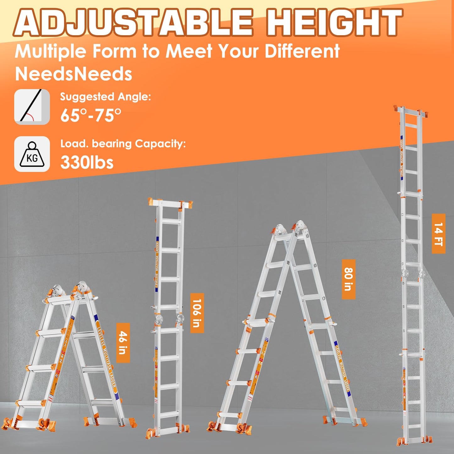 LEVELEVE Telescoping A Frame Ladder, 14FT Multi Position Ladder with Stabilizer Bar & Wheels,330 lbs Security Load for Stairs Home Indoor Outdoor Roof
