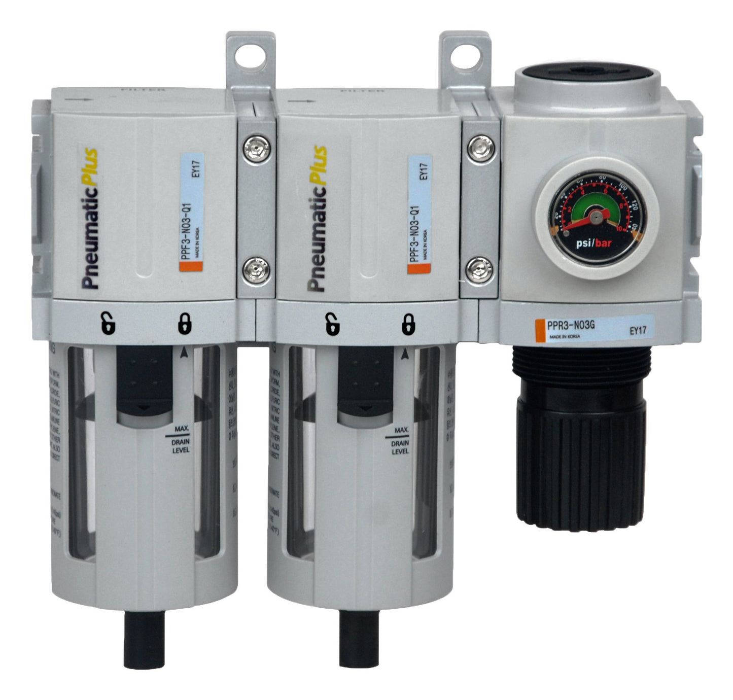 PneumaticPlus PPC3C-N02G Compressed Air Drying System- Particulate Air Filter, Coalescing Filter & Air Pressure Regulator Combo 1/4" NPT (High Flow), Poly Bowl with Guard, Manual Drain