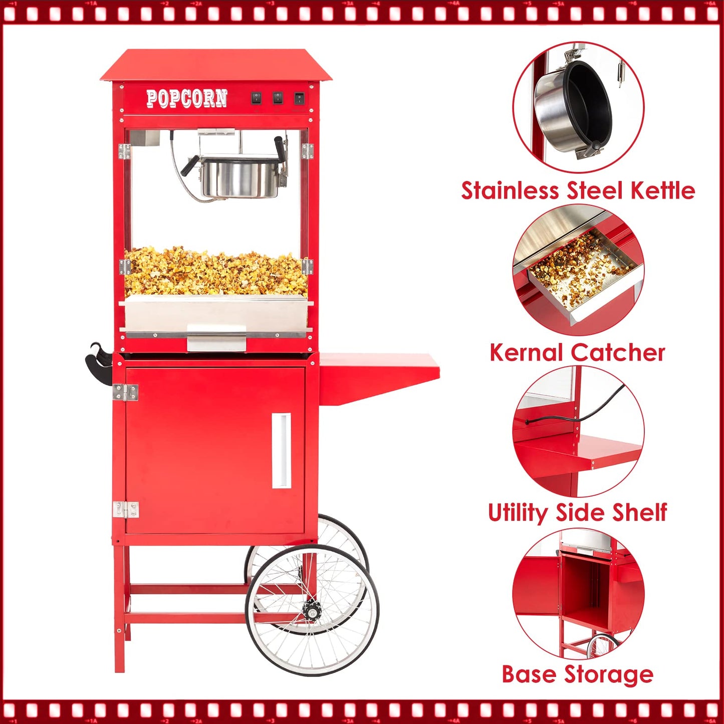 Garvee 8 oz Popcorn Machine with Cart, [3 Mins Get 60 Cups] [Durable] [Professional] [Easy Cleaning] Commercial Popcorn Machine Cart, Old Fashion Movie Theater Style- Red