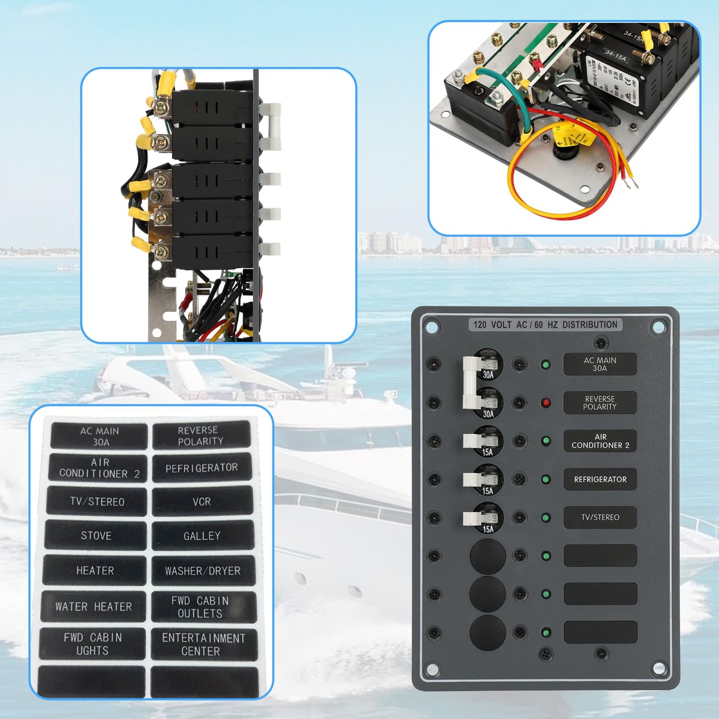 AC Main Circuit Breaker Panel 6-Position Metal Panel withand Red LED Reverse Polarity Indicator and Pre-Wiring,for Marine RV Yacht