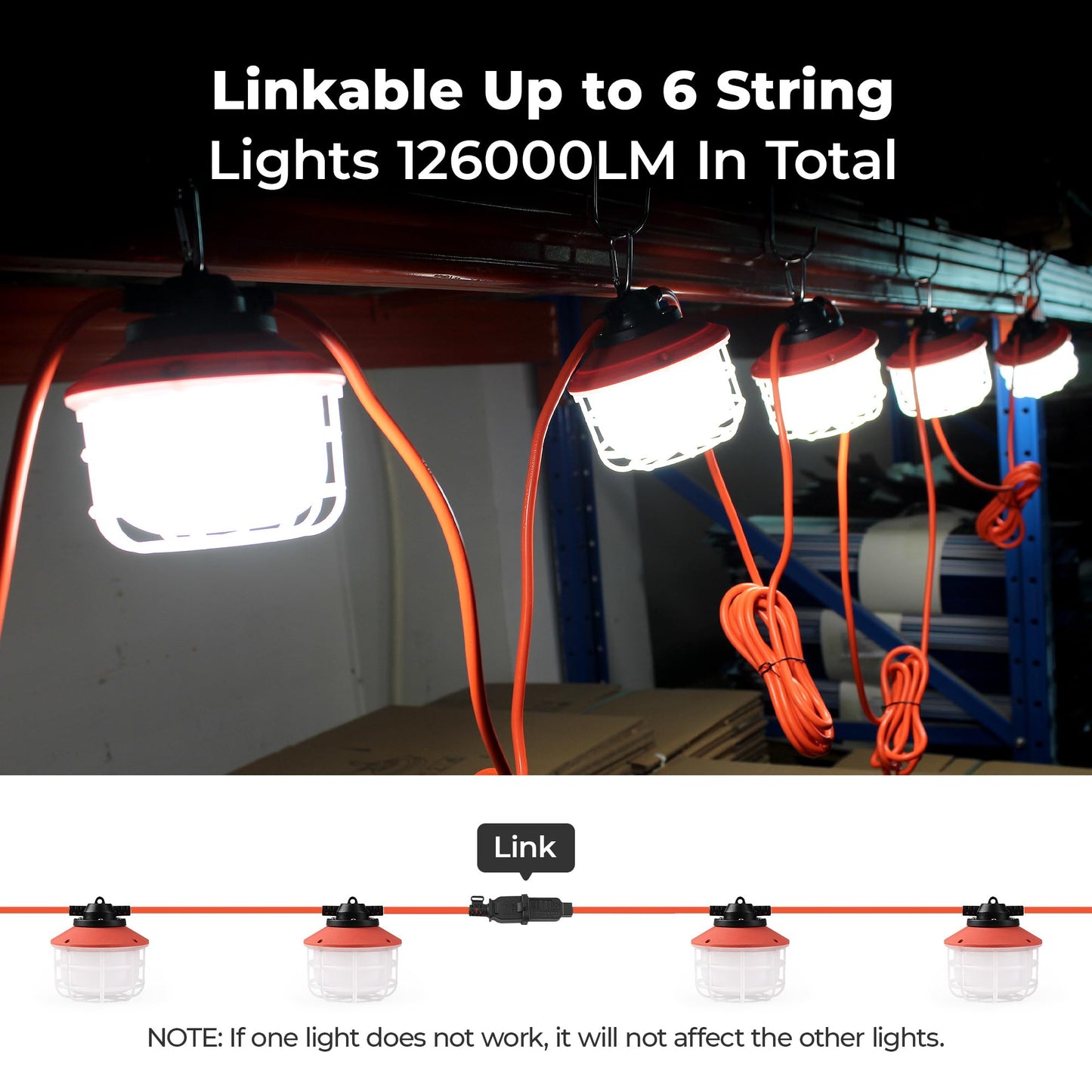 Omlite Construction String Lights: 100FT 3 Prong 150W Linkable Super Bright LED String Lights for Construction Sites Temporary Jobsite IP65 Waterproof 18AWG Wire Work Light with Cage