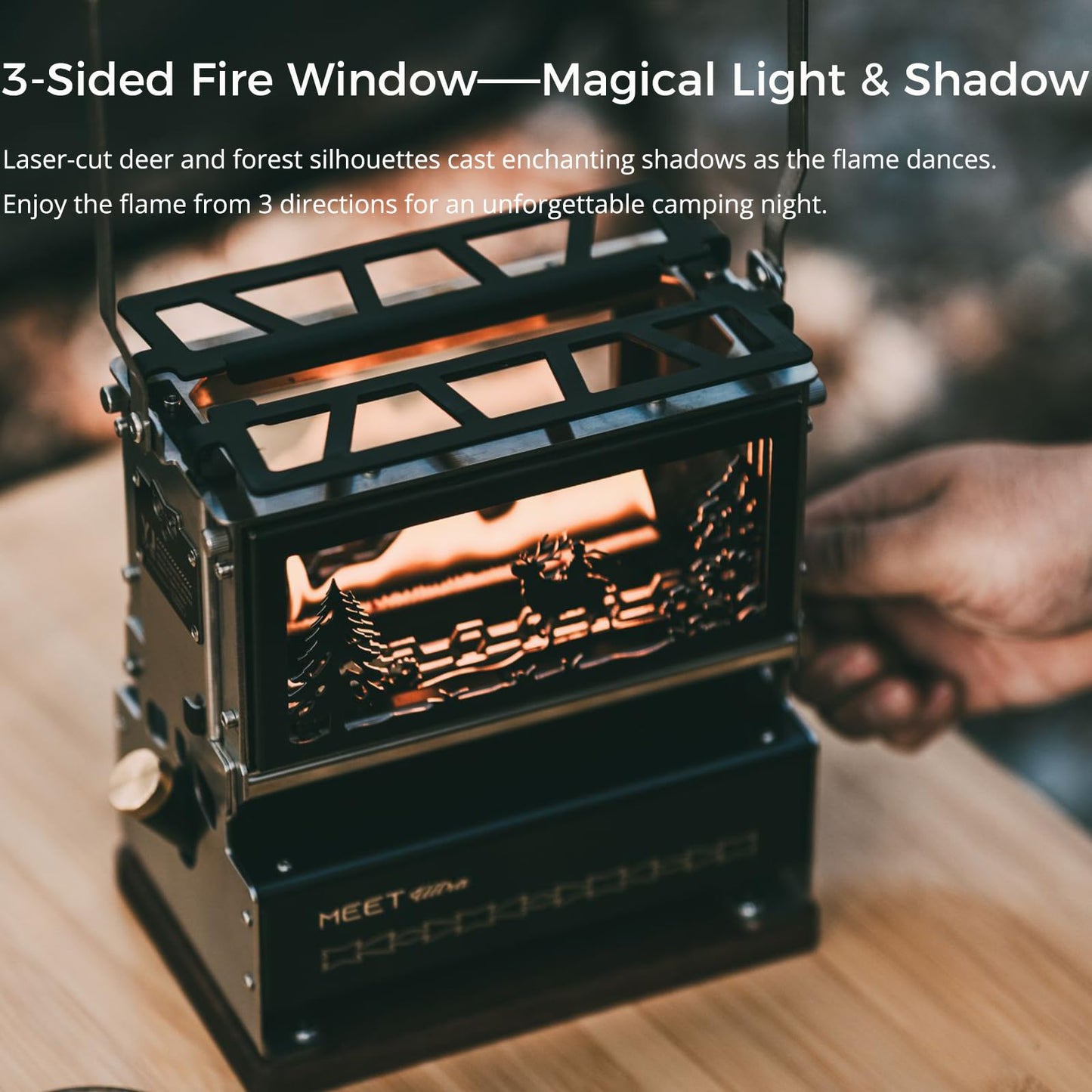 BLACKSOLID YJ Ultra Iron Stove Oil Lantern, 3-Sided Flame View with Removable Deer Silhouette, 304 Stainless Steel Oil Lamp for Camping & Emergency, Storage Bag Included