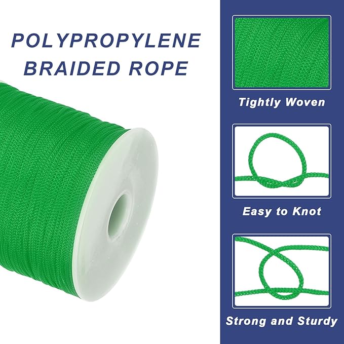 MECCANIXITY 1/16 Inch Polypropylene Rope Braided Ropes, 328ft Nylon Rope Hollow Utility Cord for Clothesline, Camping, Hiking, Outdoor, Green
