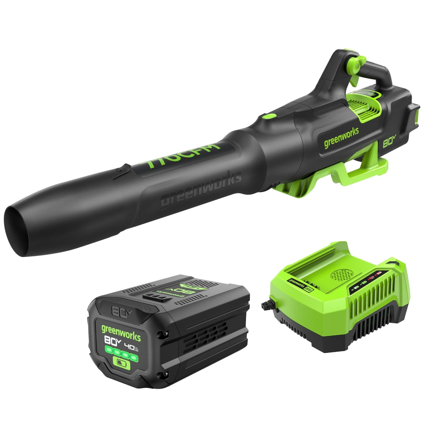Greenworks 80V (770 CFM / 190 MPH) Brushless Cordless Leaf Blower (Turbo Button, Cruise Control, 28 CC Gas Equivalent), 4.0Ah Battery (320 Wh Max) + Rapid Charger