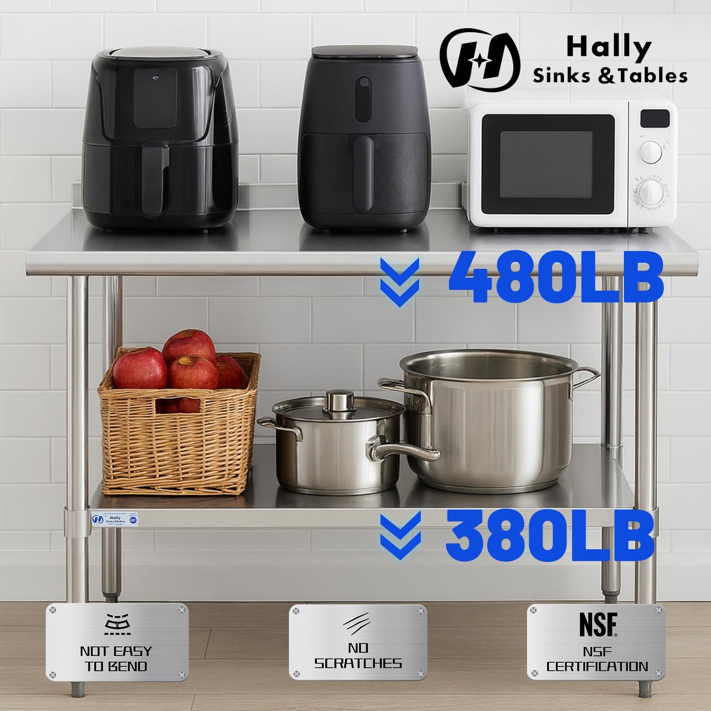 Hally Stainless Steel Table for Prep & Work 24 x 48 Inches, NSF Commercial Heavy Duty Table with Undershelf and Backsplash for Restaurant, Home and Hotel