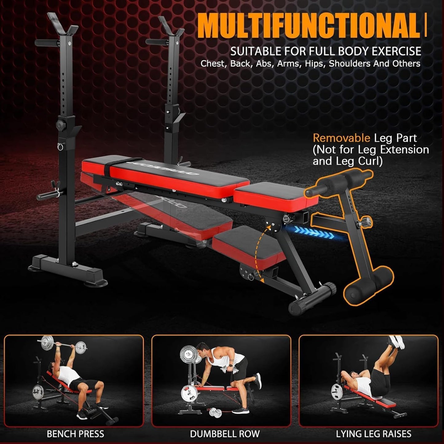 OPPSDECOR Adjustable Weight Bench Set With Removable Rowing Leg Catch, 600LBS Foldable Bench Press Set with Squat Rack Flat Incline Sit Up Workout Bench for Home Gym Strength Training (Scarlet)