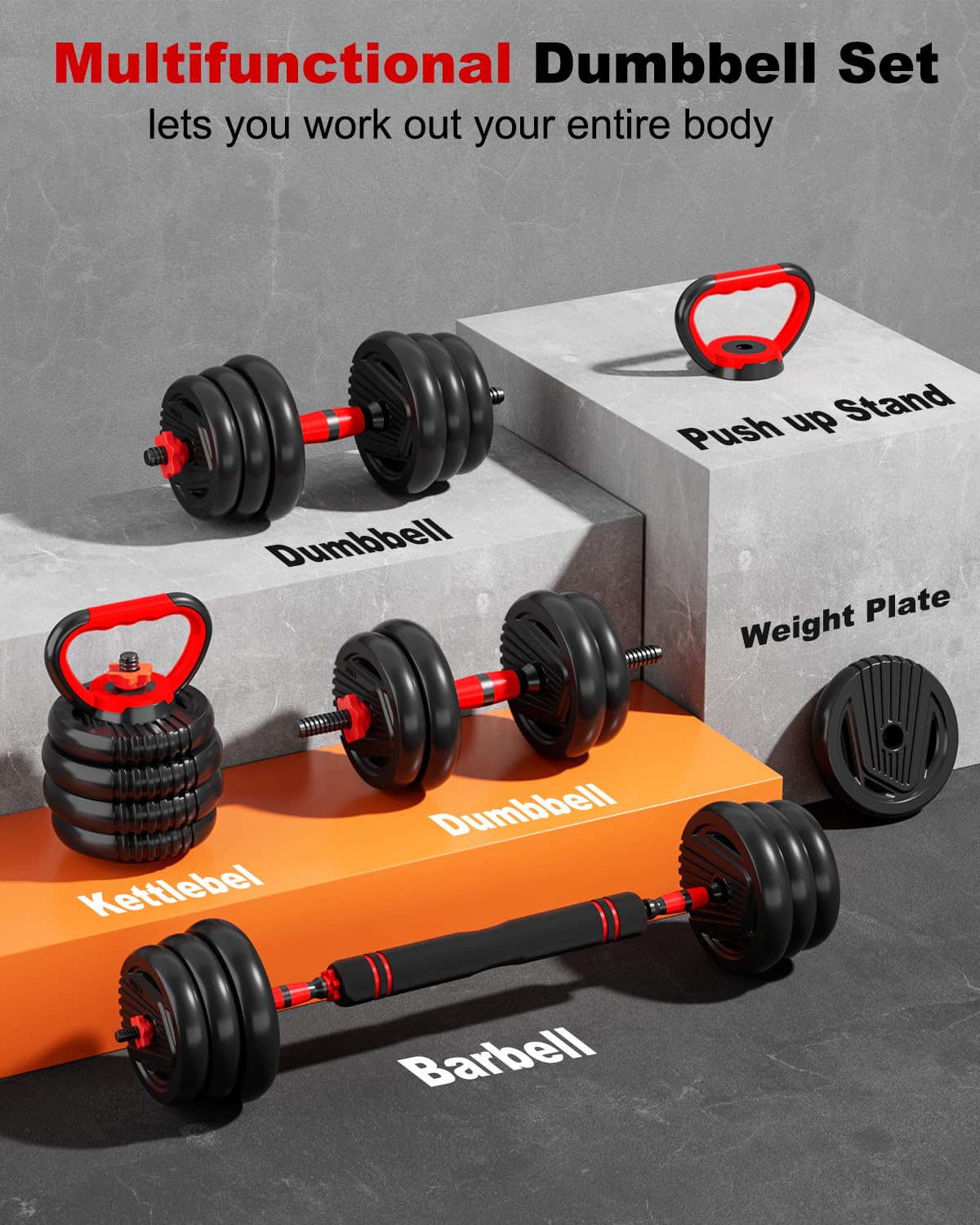 UNNMIIY Adjustable Dumbbells, 20/30/45/70/90lbs Free Weight Set with Connector, 5 in1 Dumbbells Set Used as Barbell, Kettlebells, Push up Stand, Fitness Exercises for Home Gym Suitable Men/Women