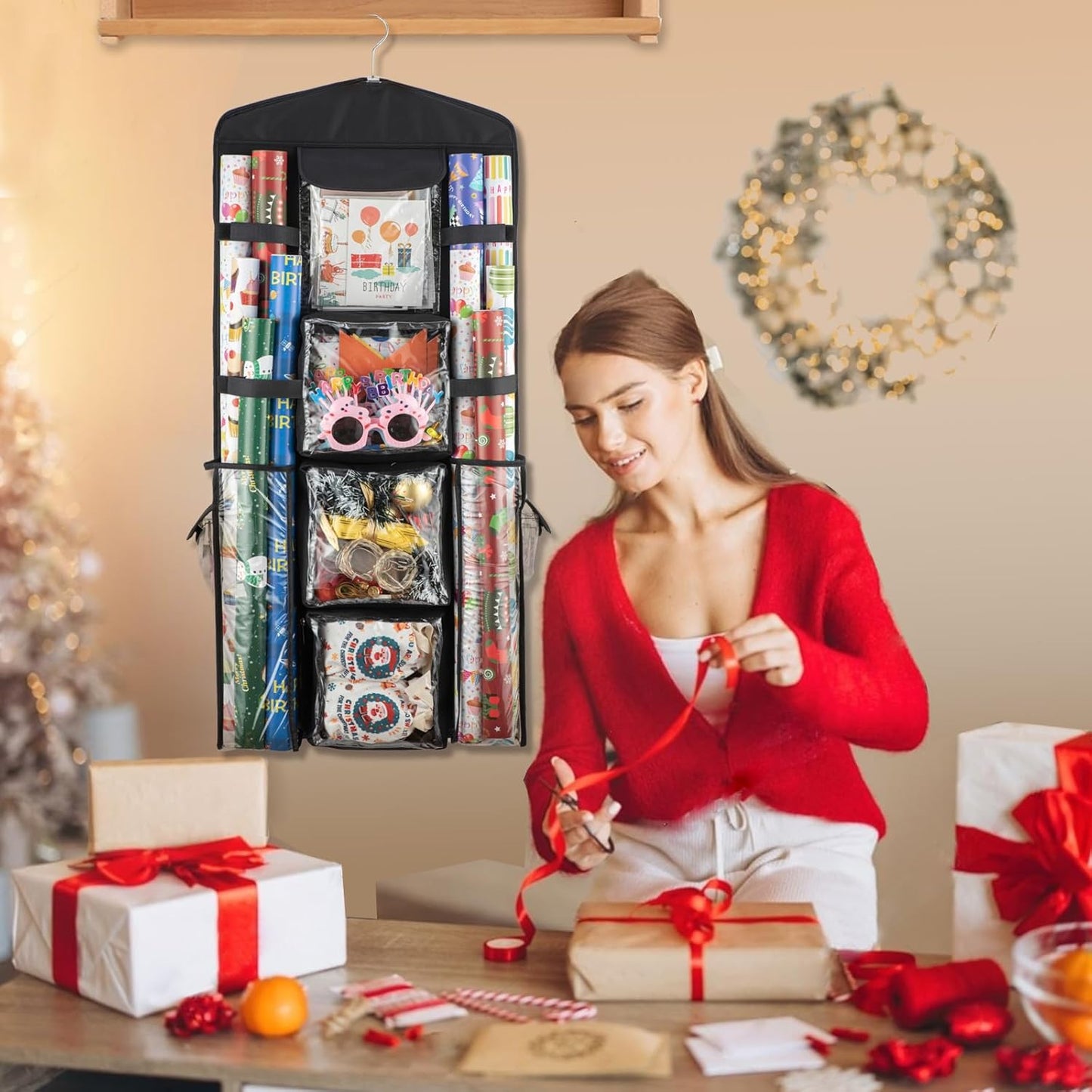 Regine Switzerland Christmas Wrapping Paper Organizer - Double-Sided Gift Bag Storage, Black