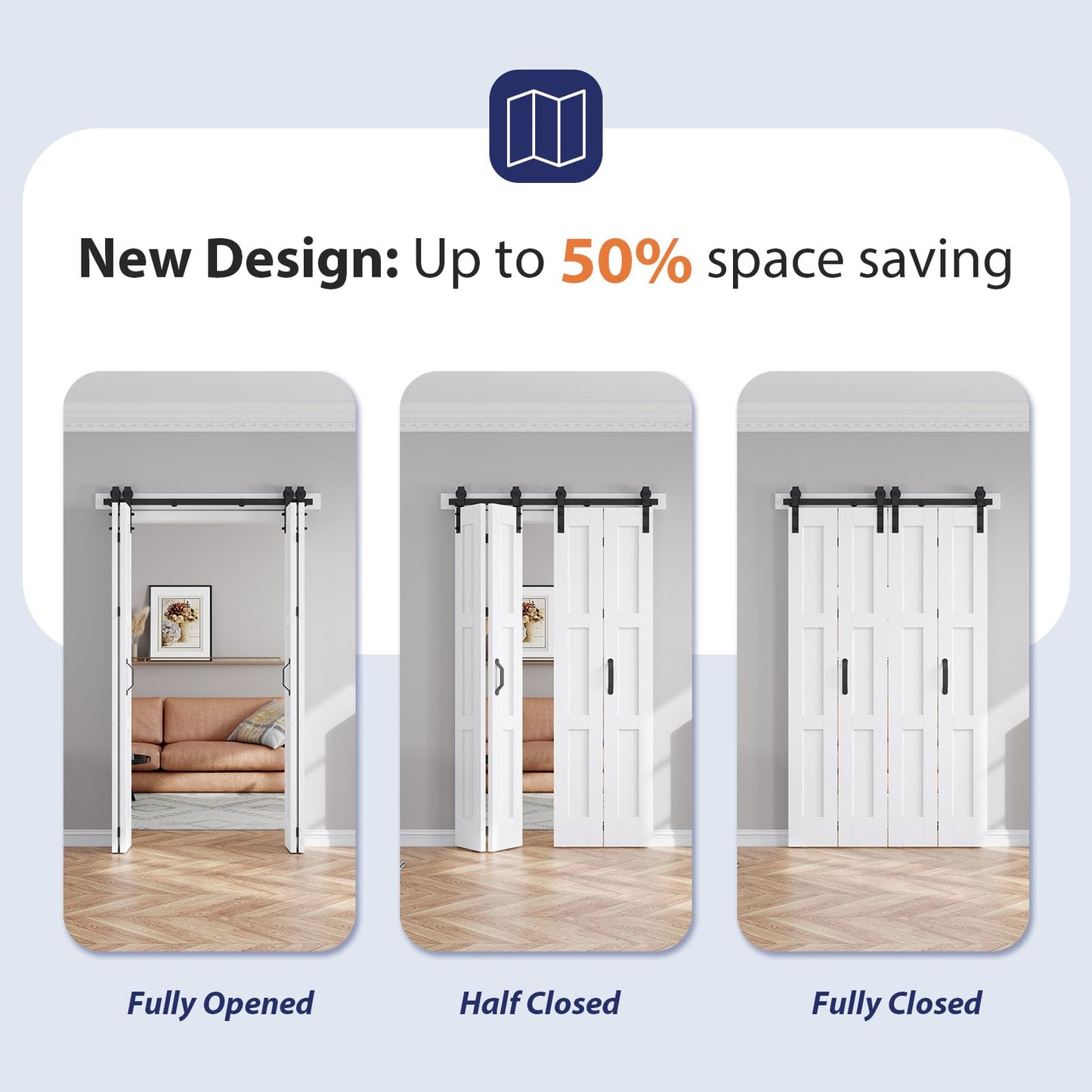 FREDBECK 48in X 84in (for 4 Doors 12x84) White Bi fold Barn Door Bifold Doors with 52" Hardware Track Kit Included,Solid MDF with Water-Proof PVC Surface for Closet,Assembly Required