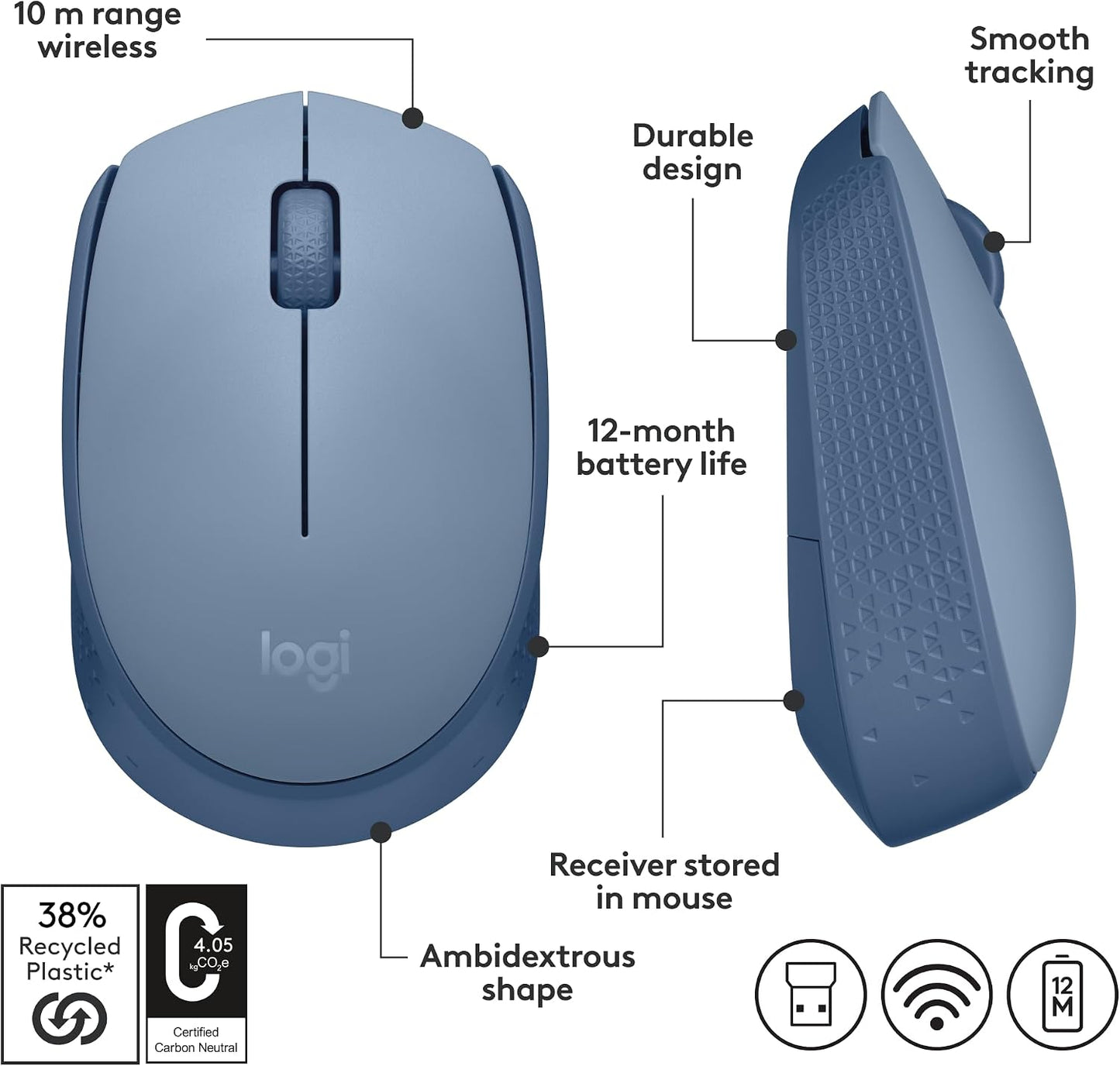 Logitech M170 2.4 12-Months Wireless Mouse for PC, Mac, Laptop, GHz with USB Mini Receiver, Optical Tracking, Battery