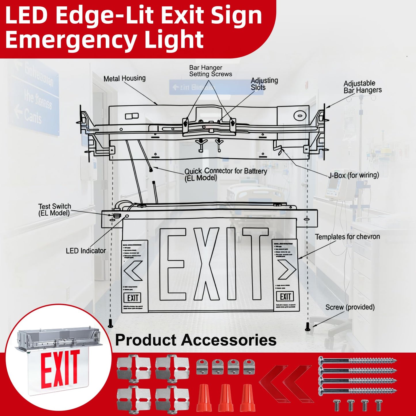 LED Exit Sign LED Edge-Lit Exit Sign Emergency Light, 120-347V, Recessed Mount Emergency Light, Aluminum Housing, Single Face Acrylic Panel, Red Letters, with Battery Backup