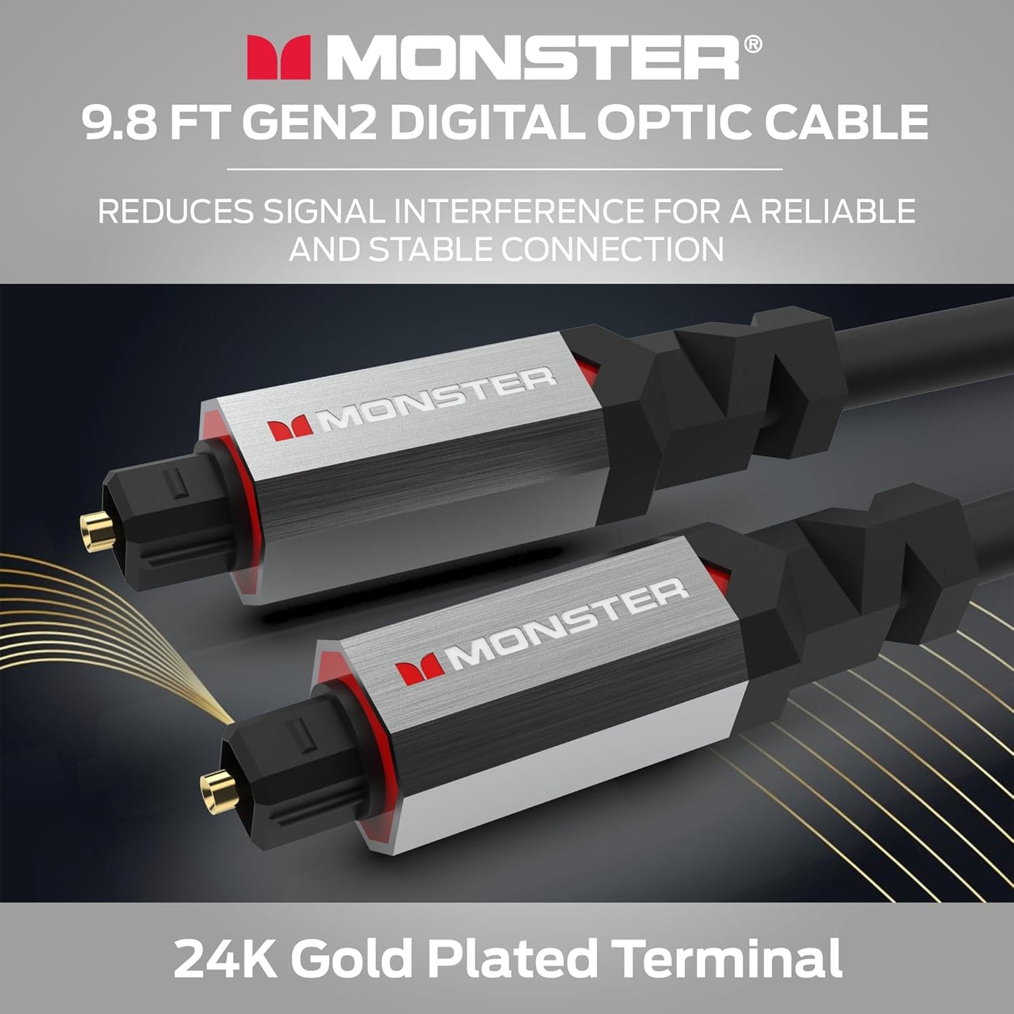 Gen2 9.8ft Monster Essentials Digital Optical Toslink Cable, Sound Bar Optical Audio Cable with Gold Connectors