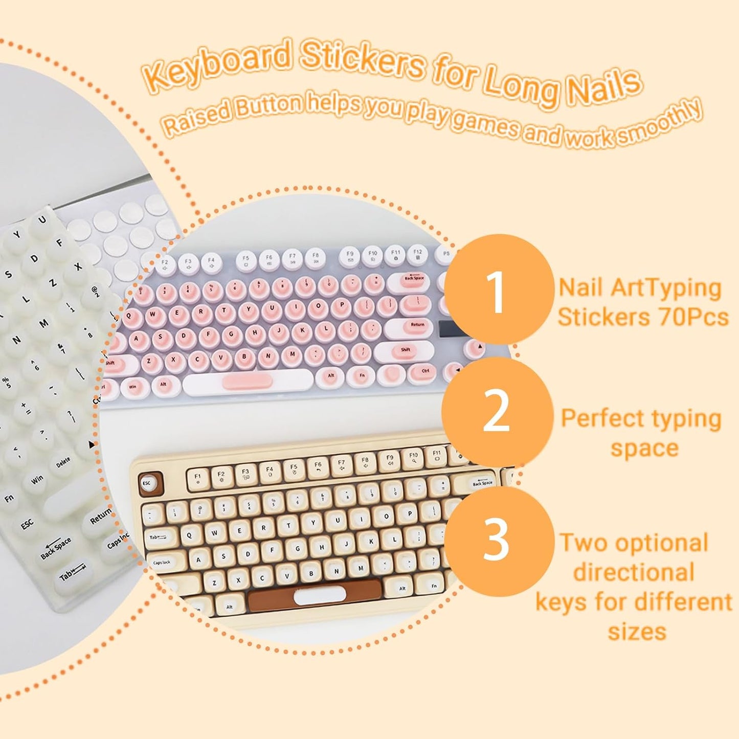 YzxQzxdron (70 Raised Keyboard Stickers for Long Nails Typing and Gaming - Reusable Sticky Keyboard Covers with Jelly