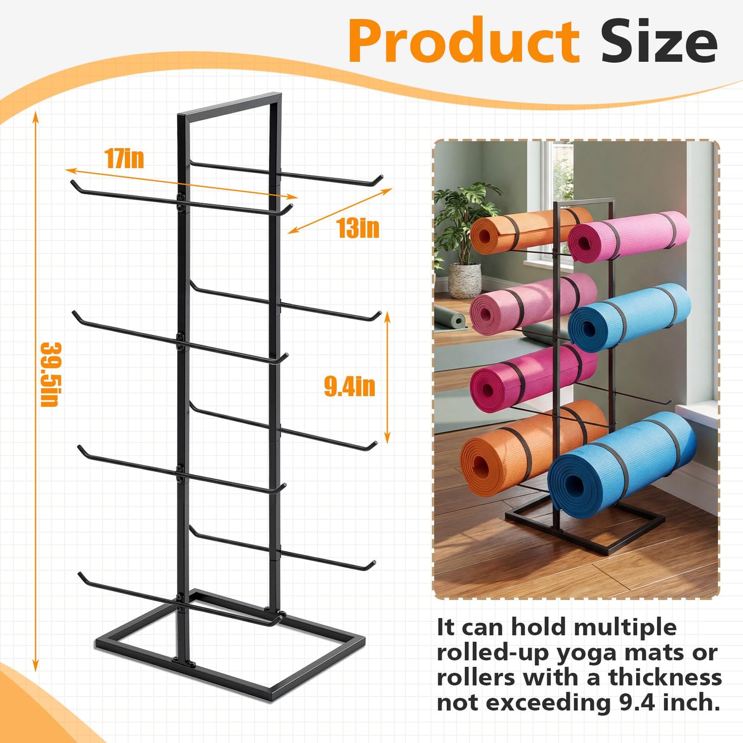 Cinnvoice 4-Tier Freestanding Yoga Mat Holder, Double-Sided Metal Storage Rack for Yoga Mats, Foam Rollers, Heavy Duty Home Gym Organizer Stand with Non-Slip Feet, Matte Black