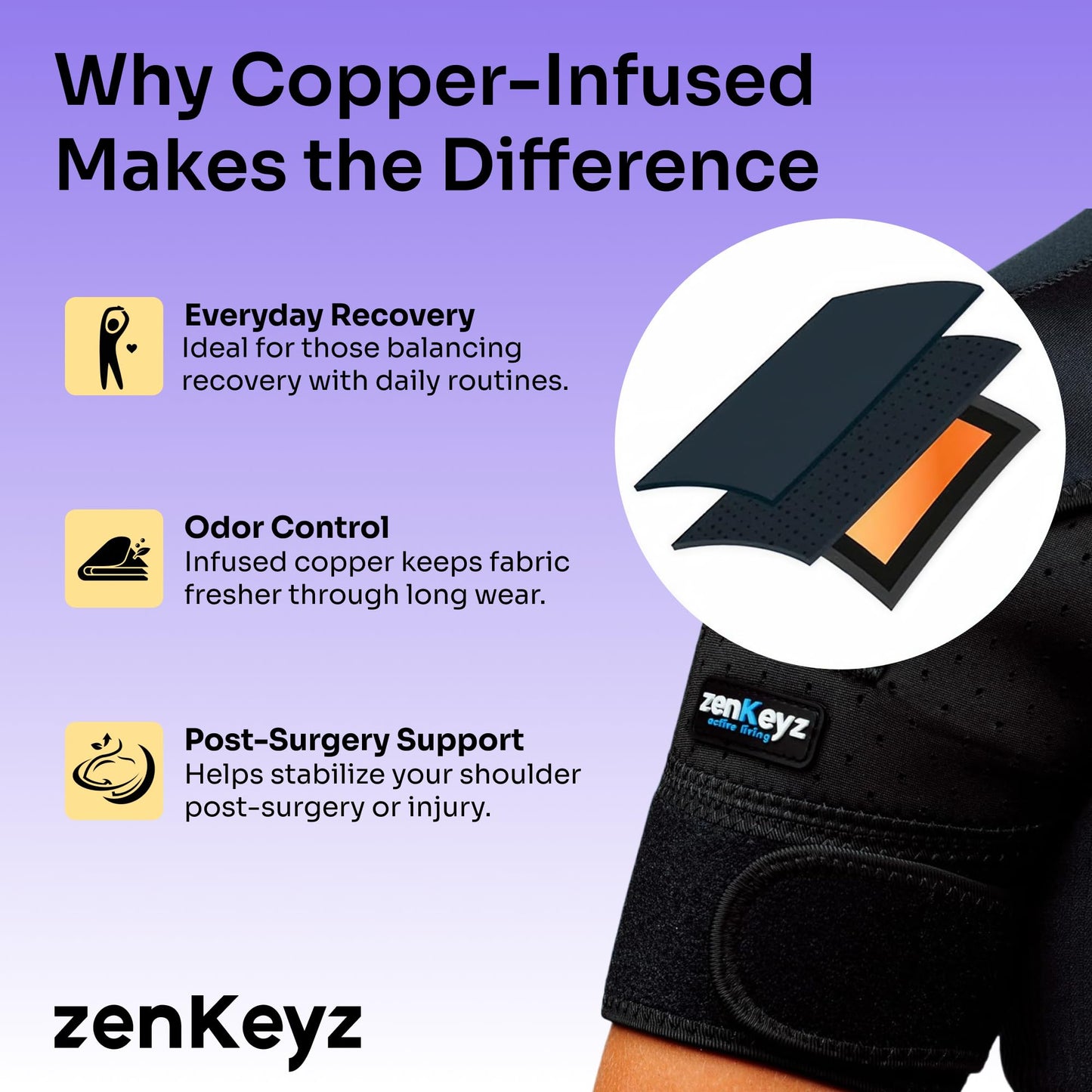 ZENKEYZ Shoulder Brace for Men & Women - Size L/XL (Chest 38-50") - Black/Copper - Copper-Infused Compression Sleeve & Rotator Cuff Support - Adjustable Strap with Ice/Heat Pocket - Sturdy Arm Sling for Joint Stability